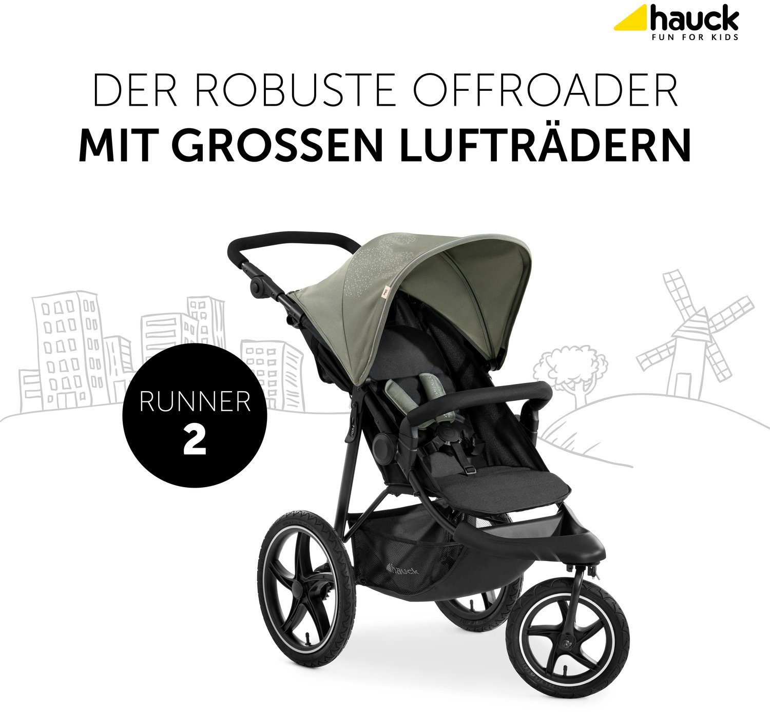 Hauck Dreirad-Kinderwagen Runner 2 Mickey Mouse olive, Kinderwagen, Jogger mit schwenk- und feststellbarem Vorderrad