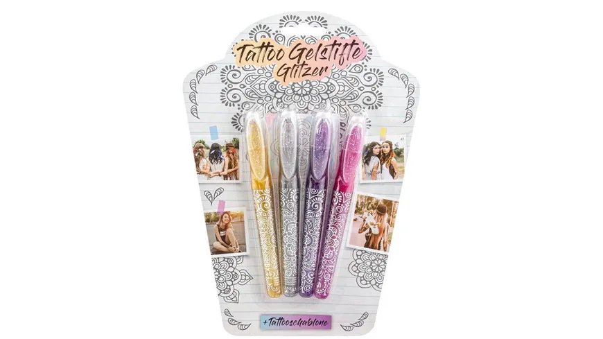 TRENDHAUS Tattoo Glitzer-Stifte PARTY 4 er + 1 Schablone
