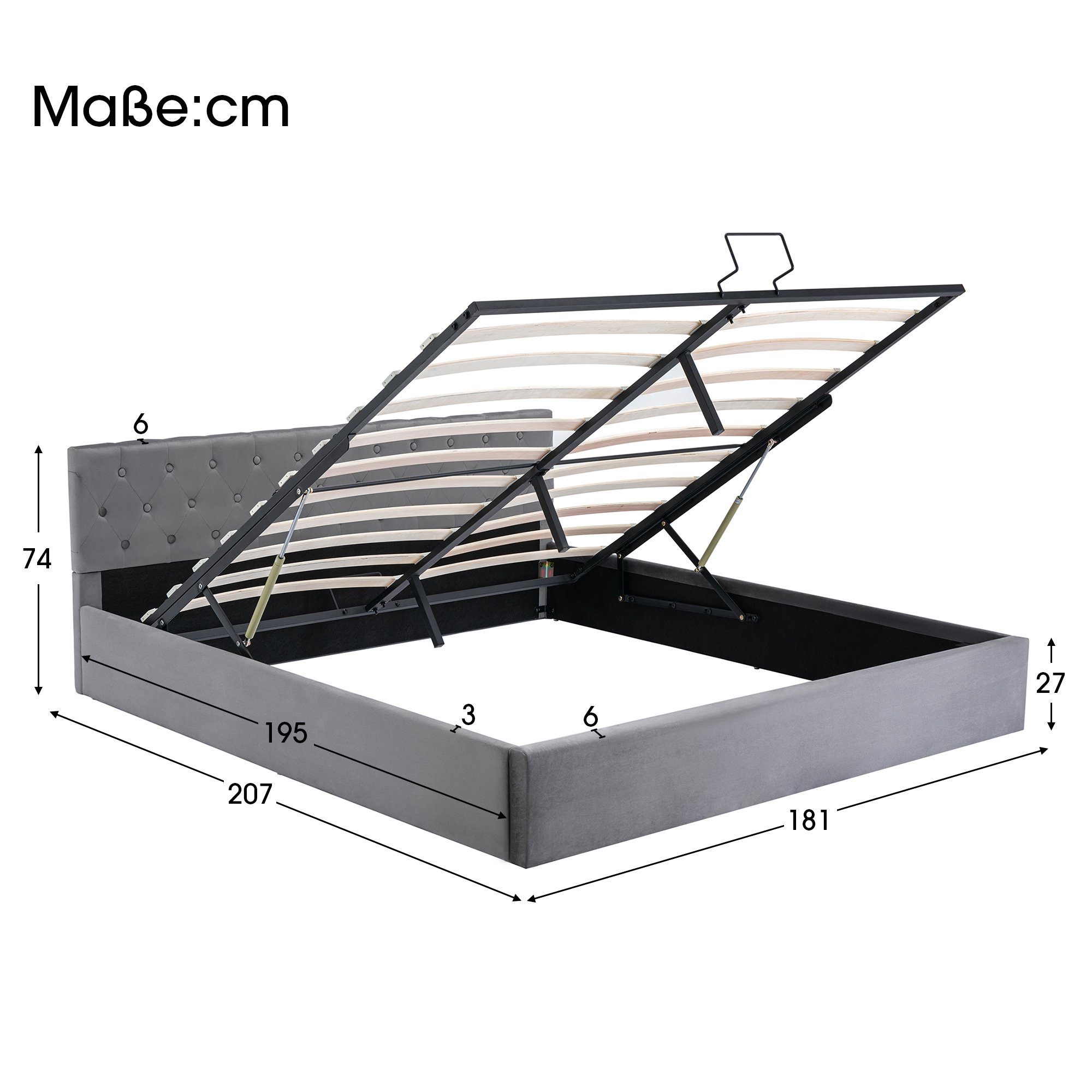 Ulife Polsterbett Grau Stauraumbett Samt-Stoff Funktionsbett Doppelbett mit Bettkasten, mit Bettkasten Samt-Stoff, 180 × 200cm