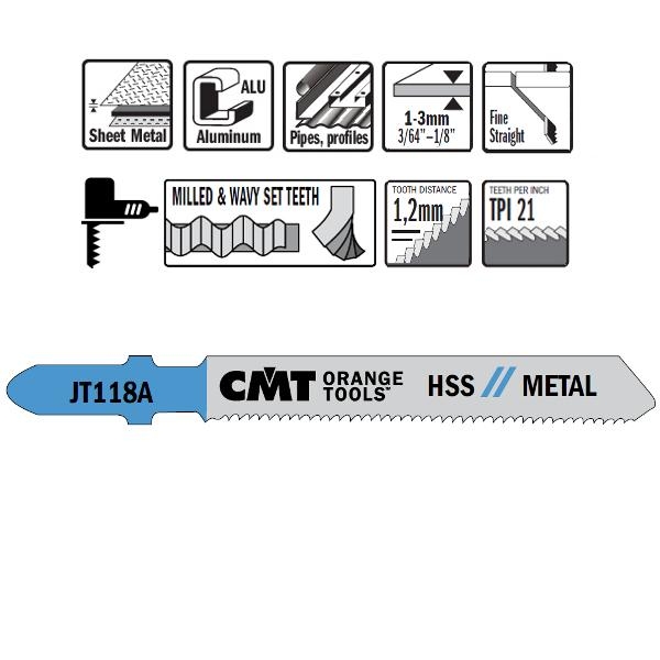 CMT JT118A-5 Сечива за убодну тестеру HSS Т-причвршћивач за метал, 5 комада