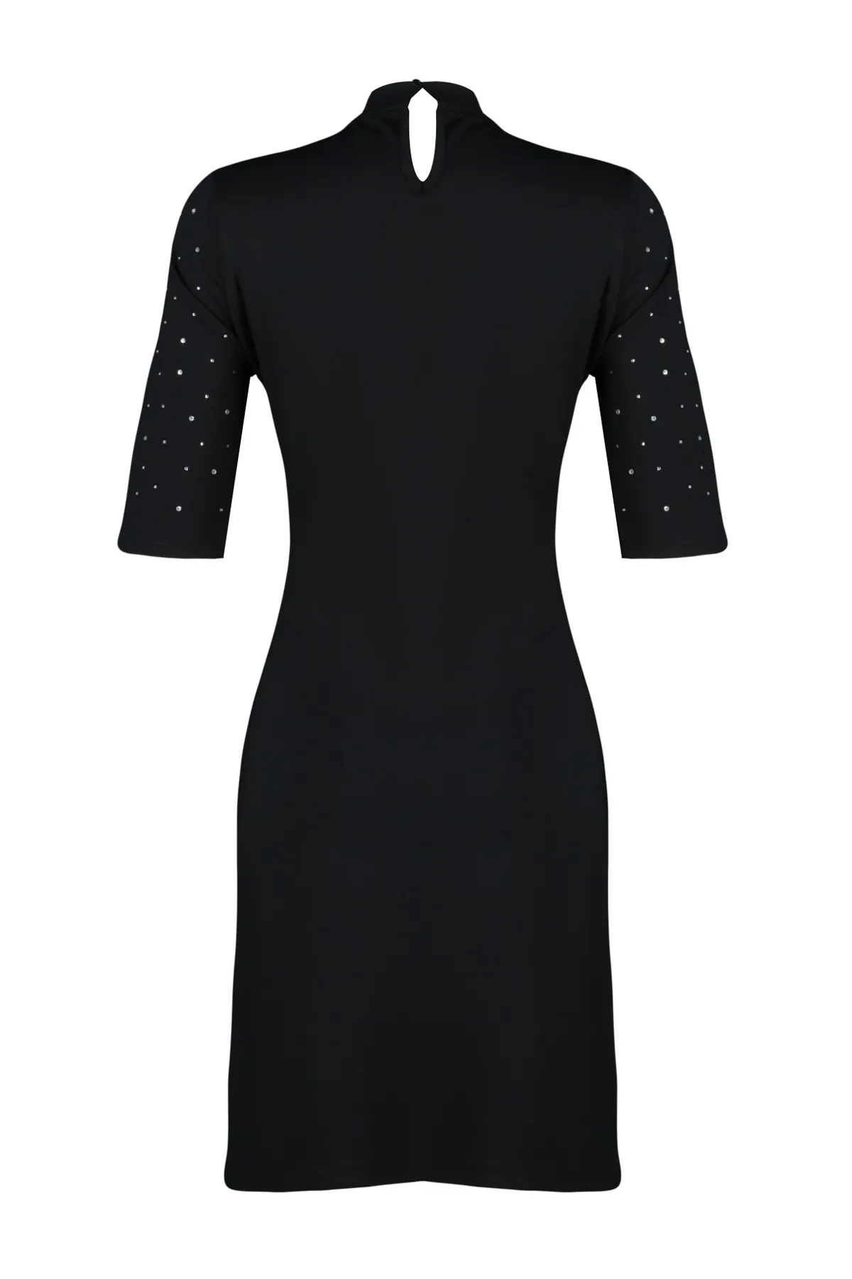 Trendyol Collection  Schwarzes, kurzärmliges Mini-Bleistiftkleid aus Strick mit Steindetail im Skater-/Gürtelstil TWOAW24EL00395