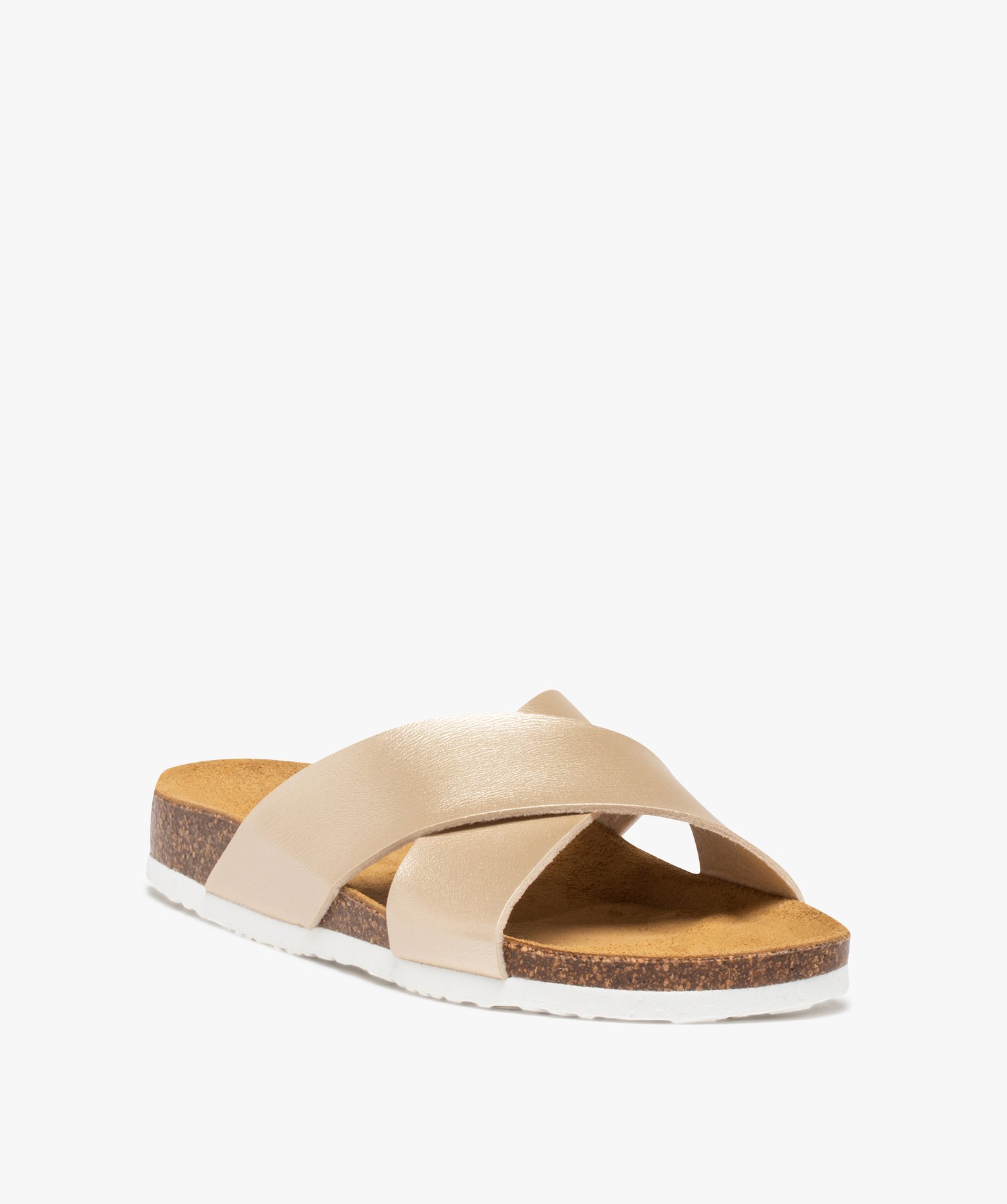 Mules femme à talon plat et larges brides croisées or | GEMO