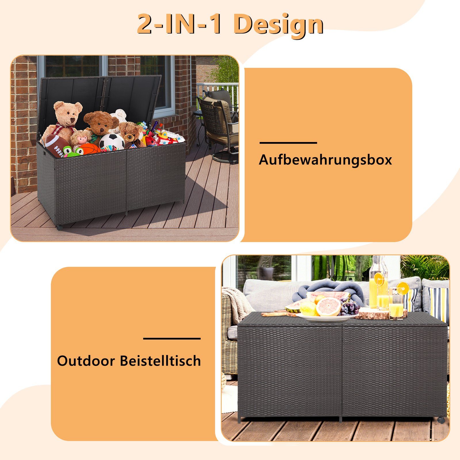 COSTWAY Auflagenbox 662L, wasserdicht, Rattan, mit Rollen, groß, 150x77x73cm
