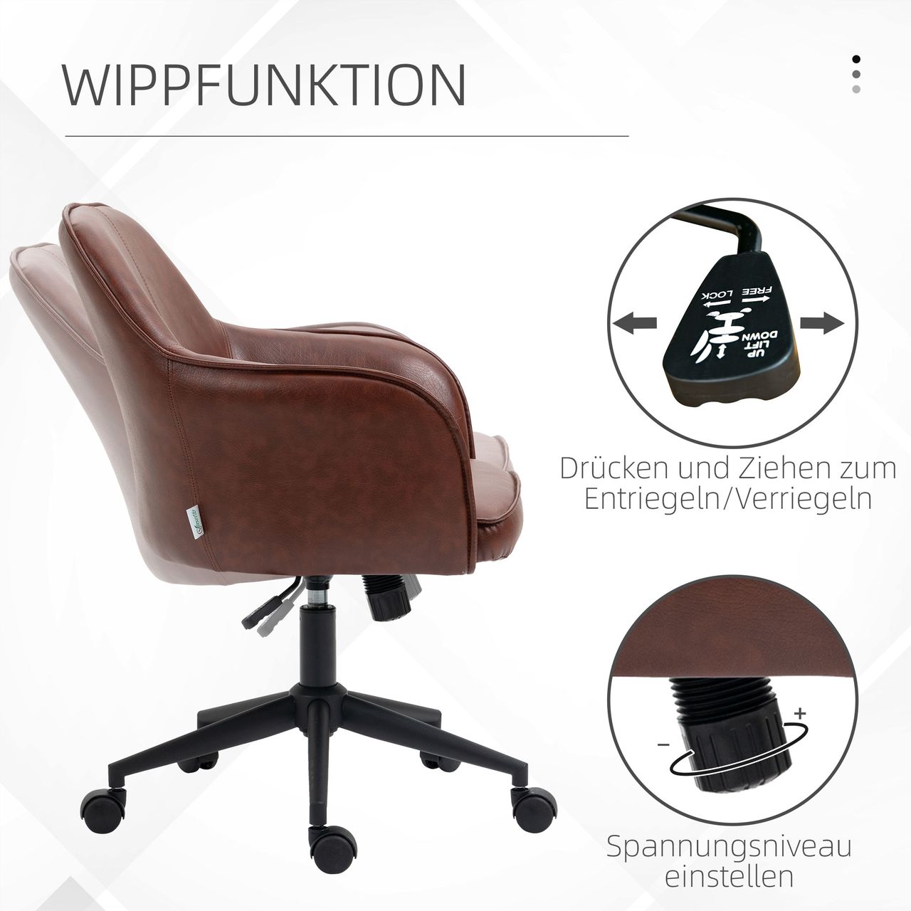 Vinsetto Schreibtischstuhl mit Wippfunktion, Rollen Höhenverstellbarer Bürostuhl