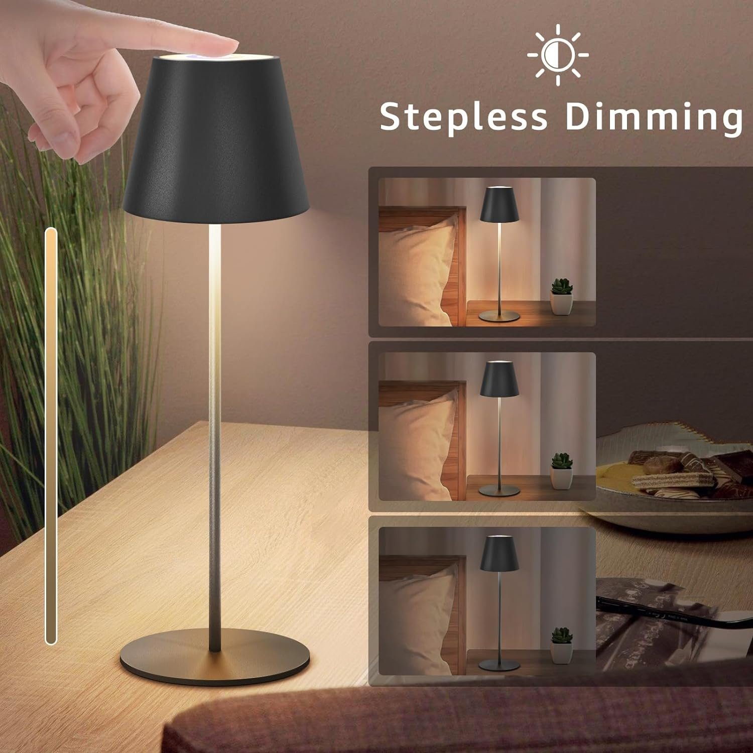 AKKEE LED Tischleuchte Außen-Tischleuchte Tischleuchten Kabellos Schwarz LED Tischlampe, Wiederaufladbar, LED fest integriert, 8 Farben verfügbar+ Dimmbare Tischleuchte, mit Touch-Schalter für Innen und Außenbereich