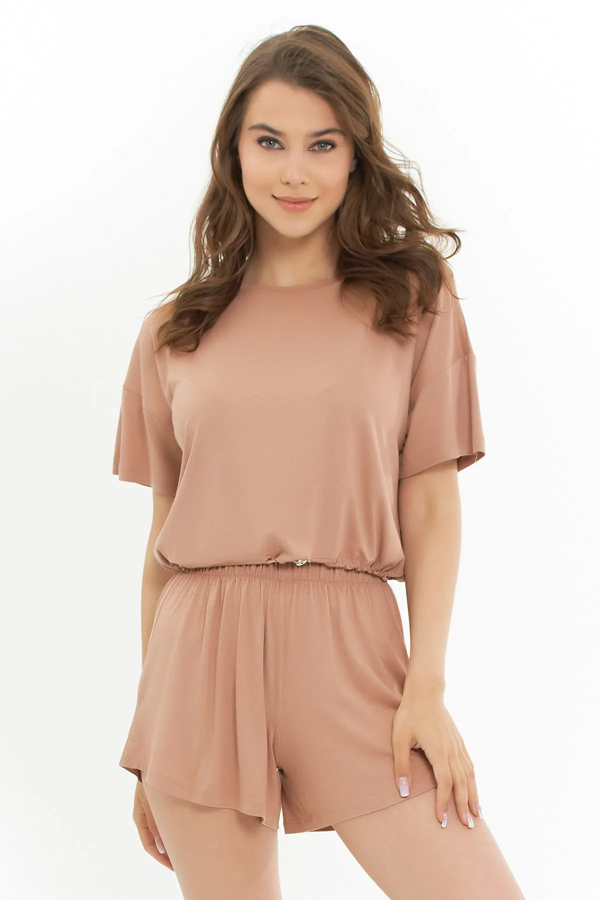 Pattaya  Damen-Set mit braunen Shorts und gestricktem Unter-Oberteil P21s201-2125