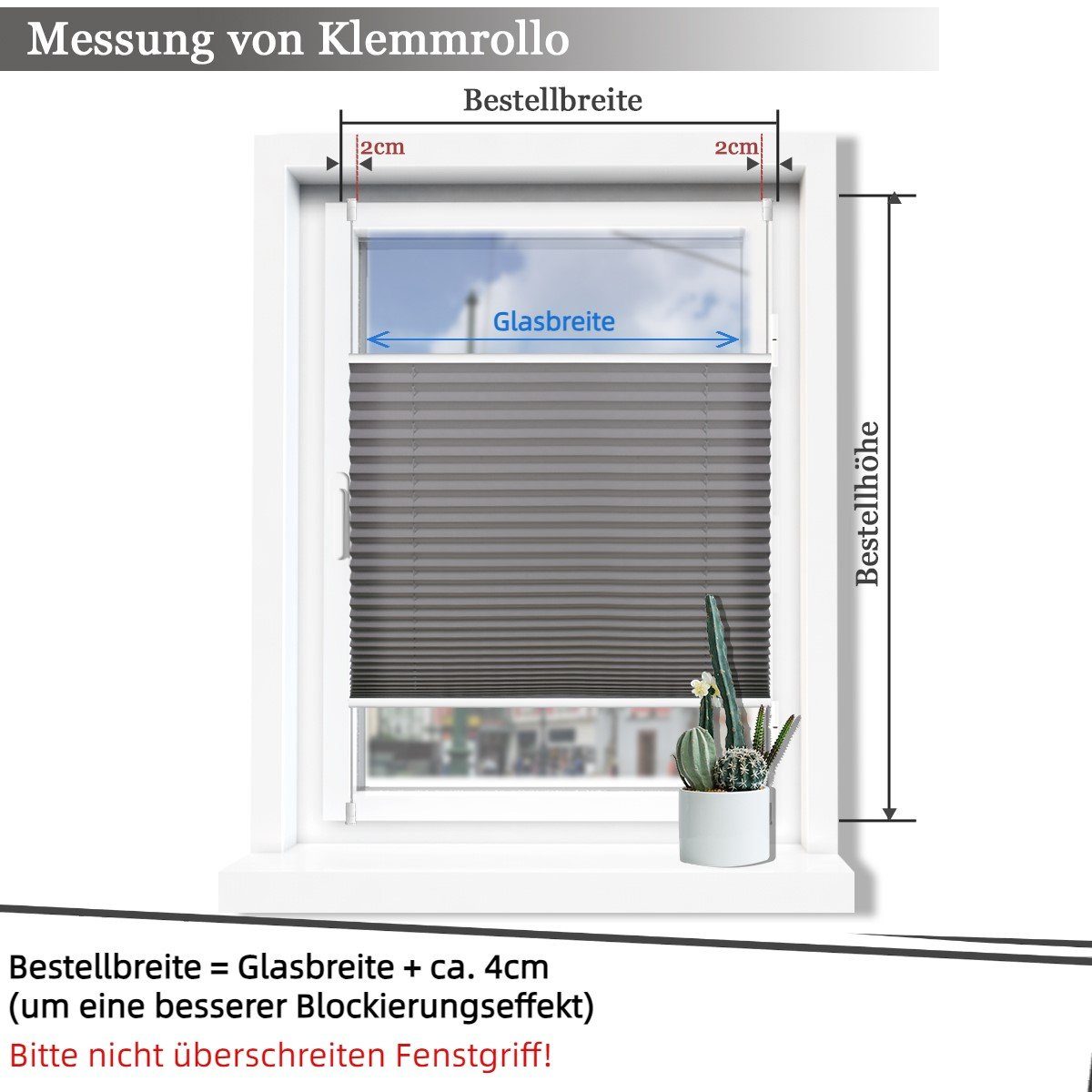 Plissee ohne Bohren Klemmfix, Sichtschutz und Sonnenschutz, OUBO, Lichtdurchlässig Rollo für Fenster & Tür, Klemmfix, mitgelieferten, verstellbaren Klemmträger