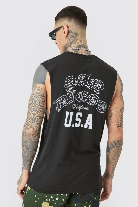 Tall Varsity San Diego Backprint Tank In Black