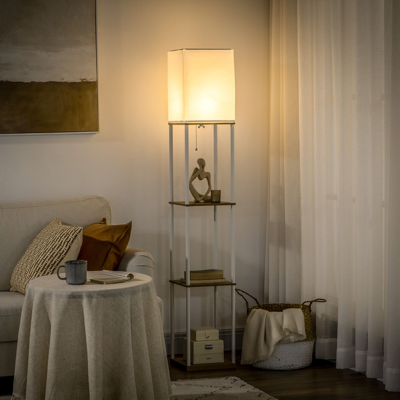 HOMCOM HOMCOM Stehlampe, Stehleuchte mit 3 Fächern, E27 Sockel, Weiß, exkl. Glühbirne