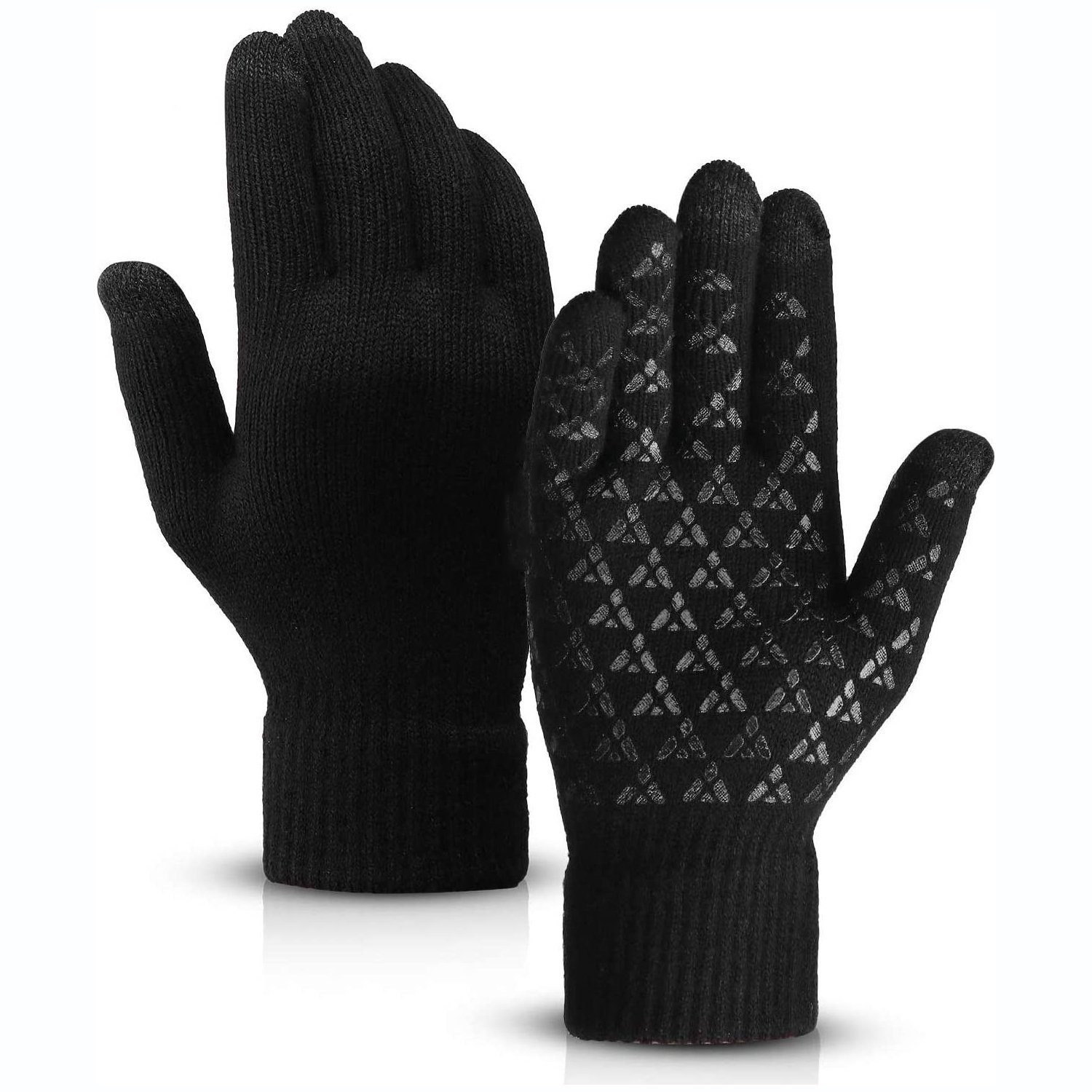 Bedee Strickhandschuhe Damen und Herren Winter Handschuhe Strickhandschuhe Winterhandschuhe (Einheitsgröße, Anti-Rutsch-Dreieck-Silikon-Design) Winterhandschuhe für Damen und Herren Touchscreen - Winddichte warme