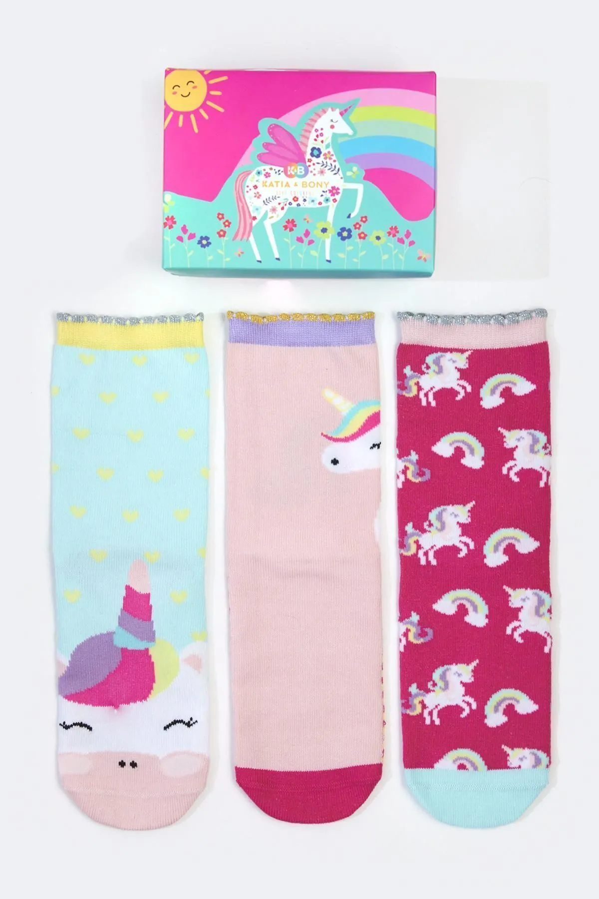 Katia&Bony  3er-Pack Einhorn-Box-Stecksocken für Mädchen, gemustert