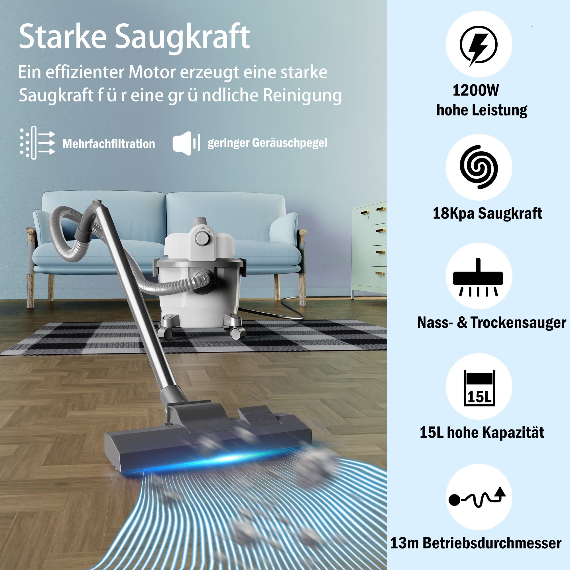Mutoy Bodenstaubsauger Nass-Trockensauger 15 L Behälter, 3,5 kg leichter Staubsauger
