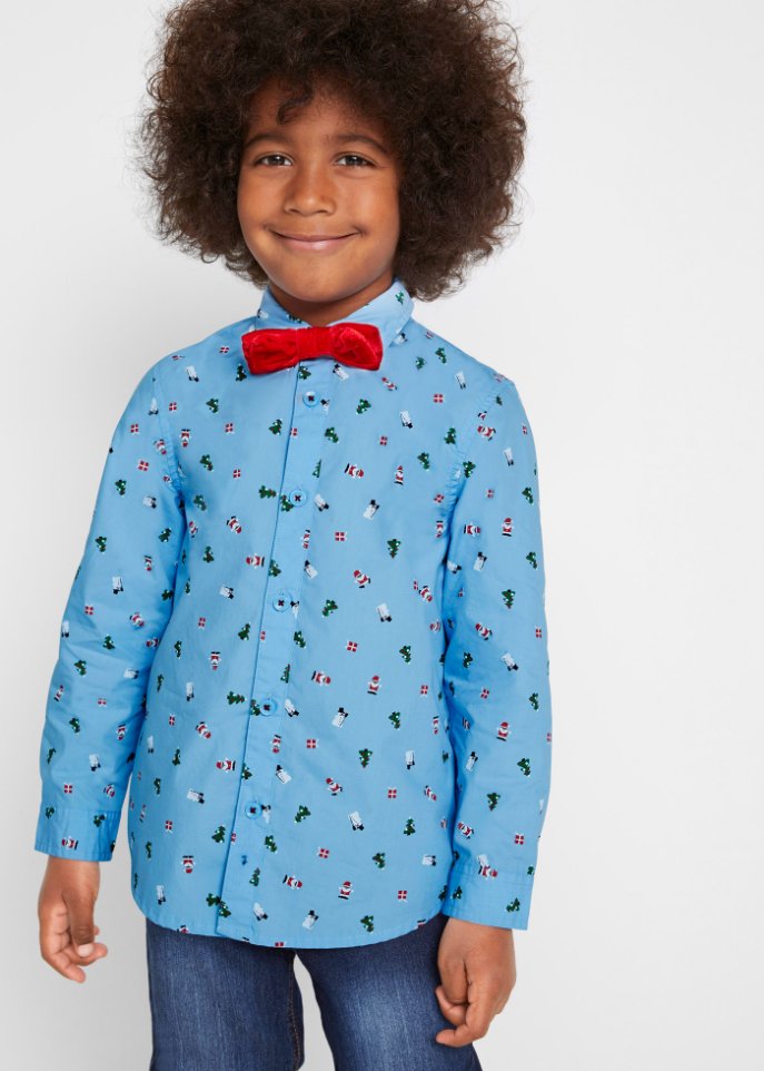 Jungen Langarmhemd mit Fliege und Weihnachtsmotiv (2-tlg.Set)
