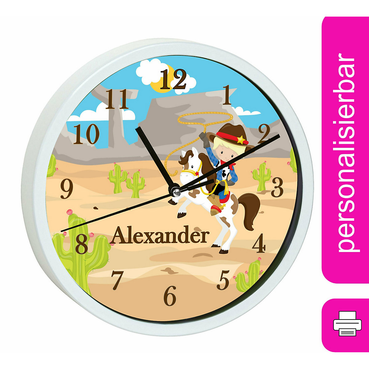 Kinder Wanduhr personalisiert mit Name Cowboy
