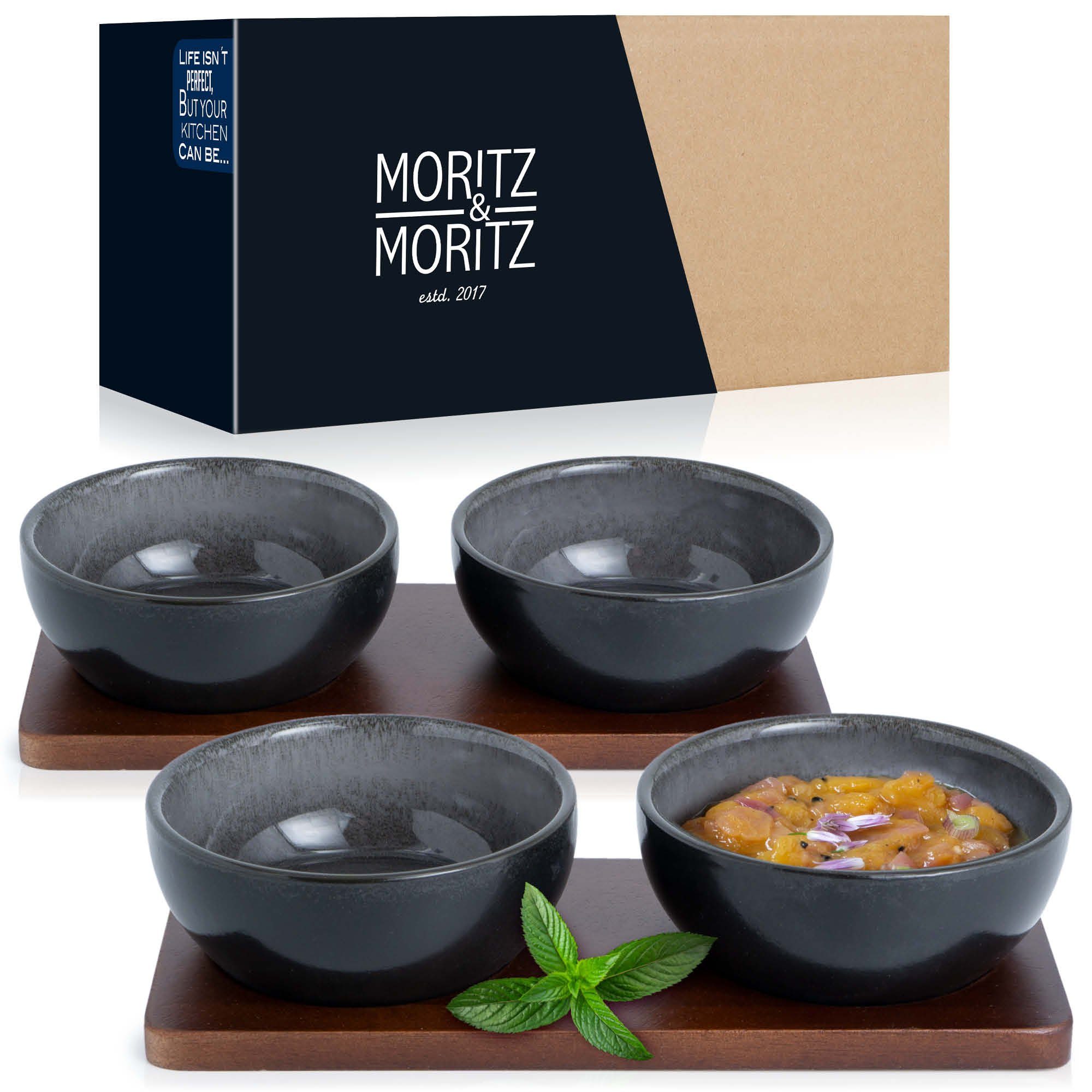 Moritz & Moritz Dipschale 6tlg Dip Schalen Set mit Brett, Porzellan, Sandelholz, (Set, 6-tlg, 6-tlg), 10cm Ø für Snacks, Dessert, Dips und Saucen