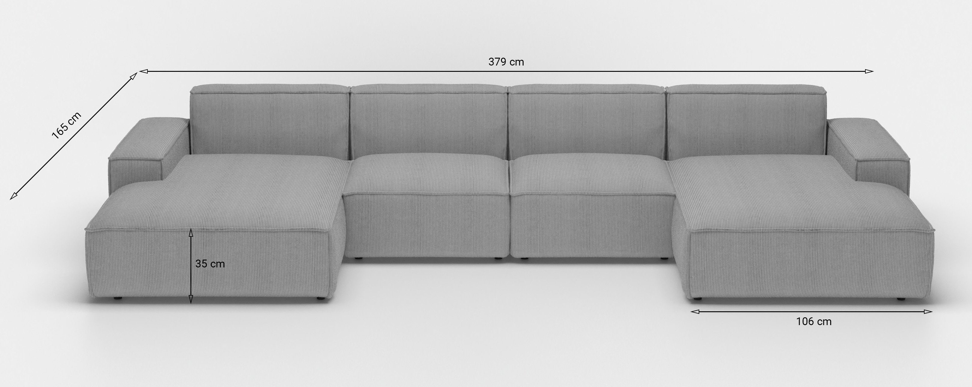 Beautysofa Ecksofa Lugano U large, 379 cm Ecke im modernes Stil, Velour oder Cord-Bezug, mit Wellenunterfederung, mit breite Armlehnen