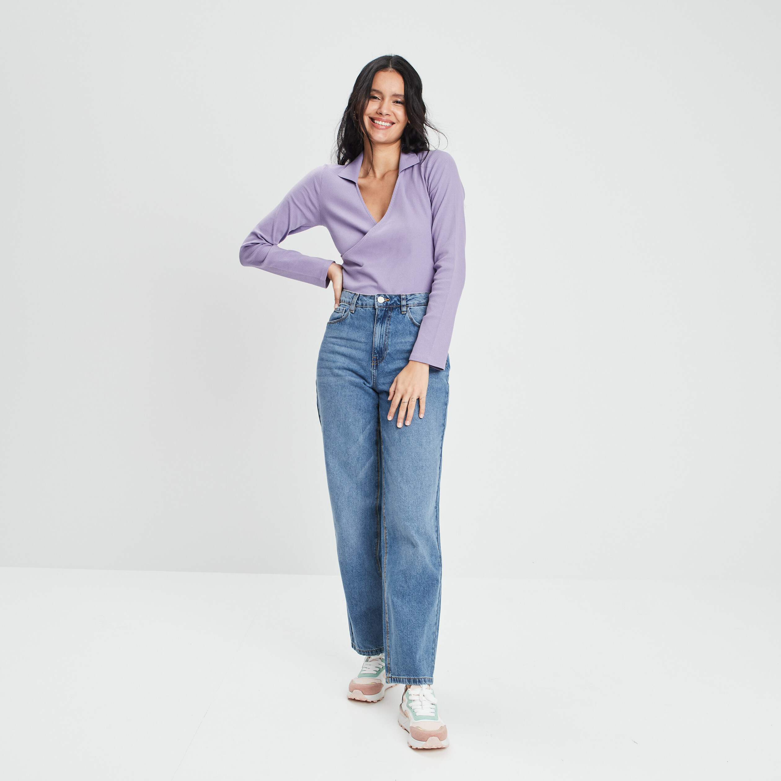 T-shirt col cache-coeur côtelé violet femme | La Halle