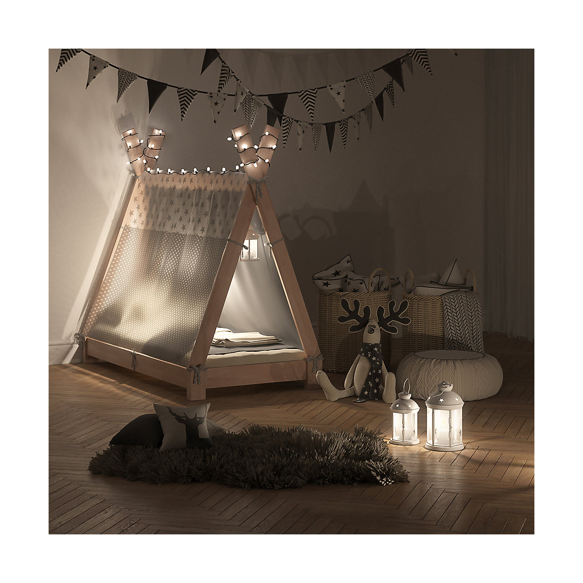Kinderbett Hausbett Tipi + Überwurf 70x140cm Indianerzelt Indianerbett