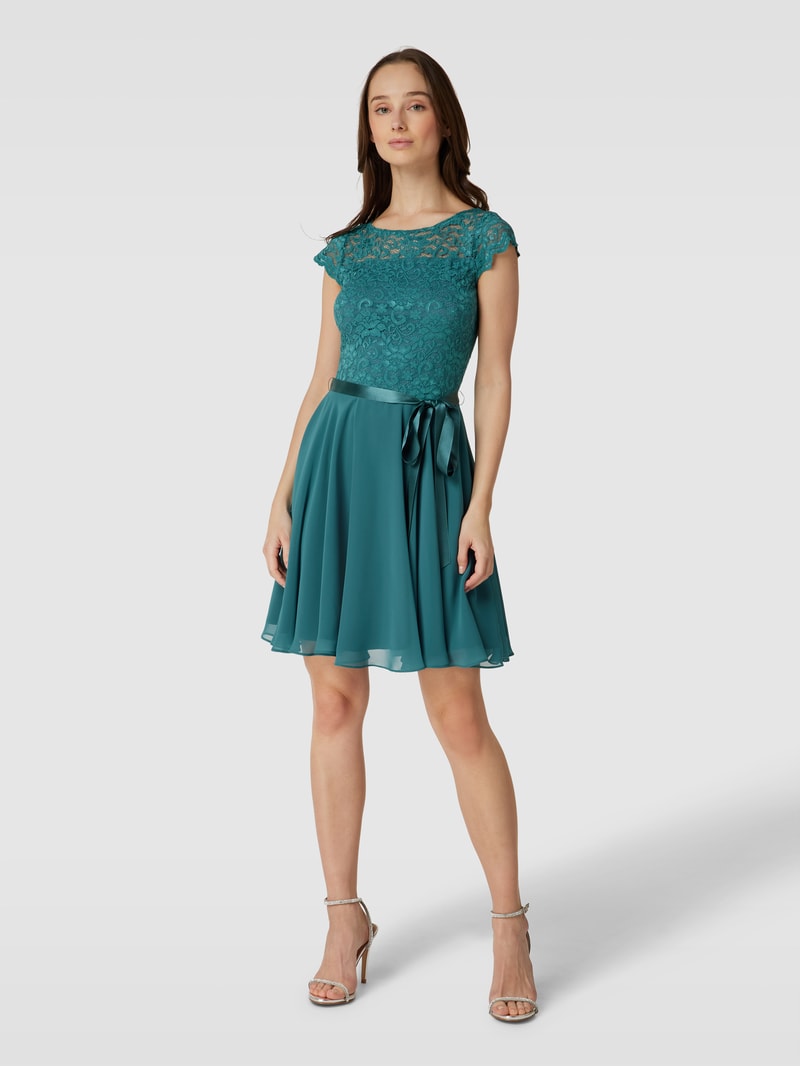 Cocktailkleid mit Spitzenbesatz in petrol