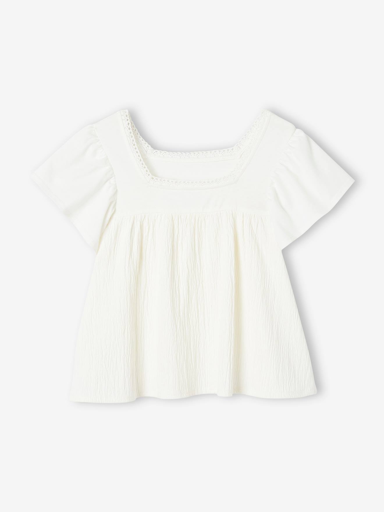 T-shirt blouse bi-matière fille écru