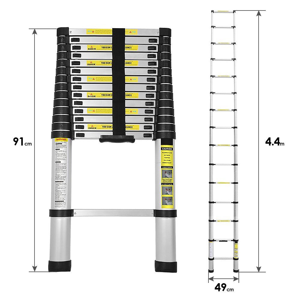 Lospitch Teleskopleiter Teleskopleiter Alu 4.4m Ausziehleiter Anlegeleiter Silber