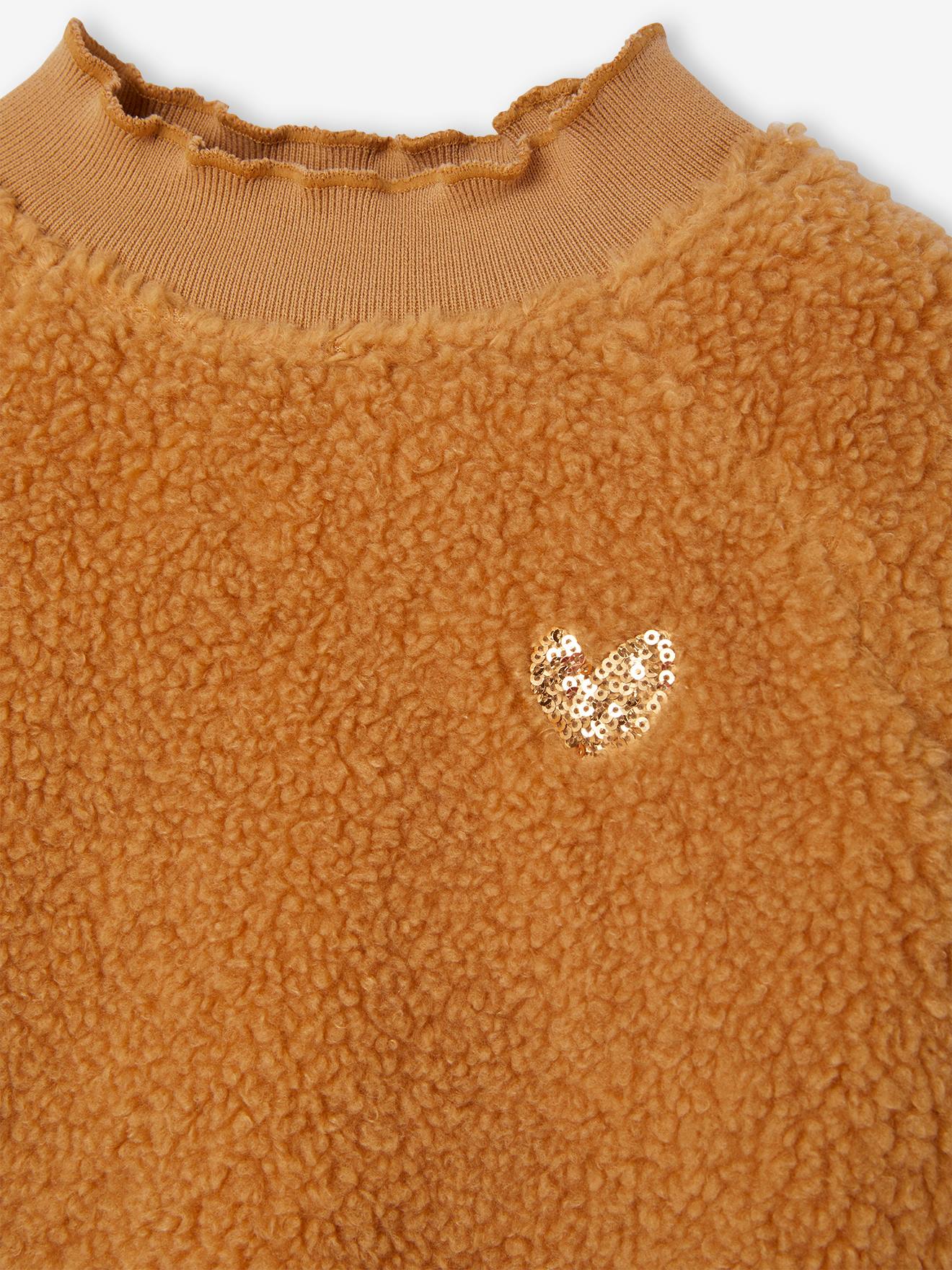 Sweat en sherpa fille finitions fantaisie beige