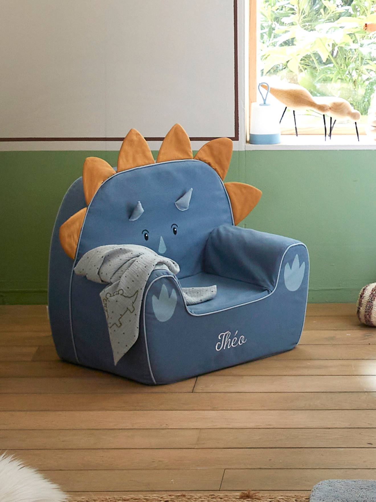Vertbaudet Kinderzimmer Sessel in Dino-Form, Triceratops, personalisierbar - blau/karamell