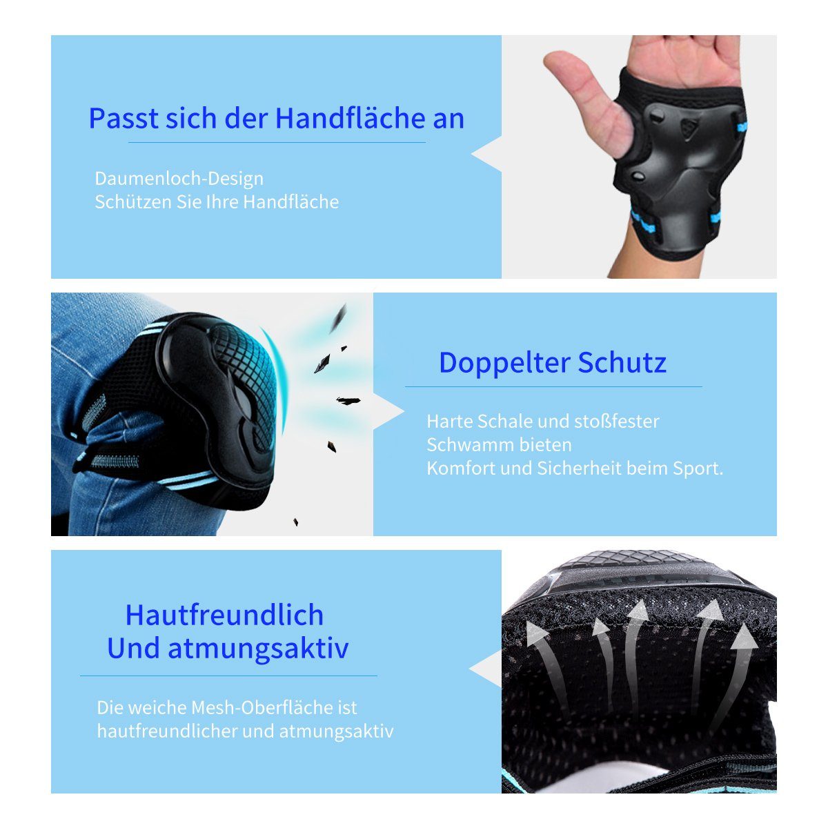 7Magic Protektoren-Set 6 in 1 Ellenbogenschoner Handgelenkschoner, Profi Knieschützer S-Größe für Erwachsene