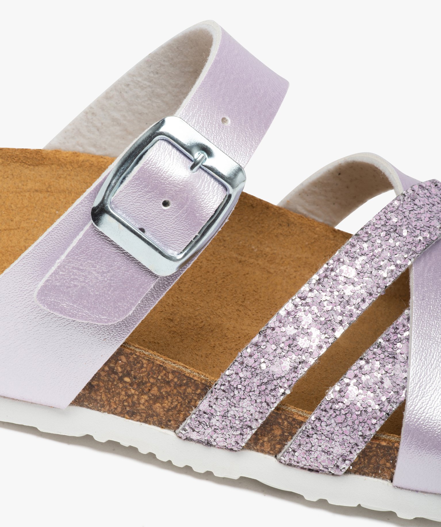 Mules femme plates à brides métallisées et pailletées violet clair | GEMO