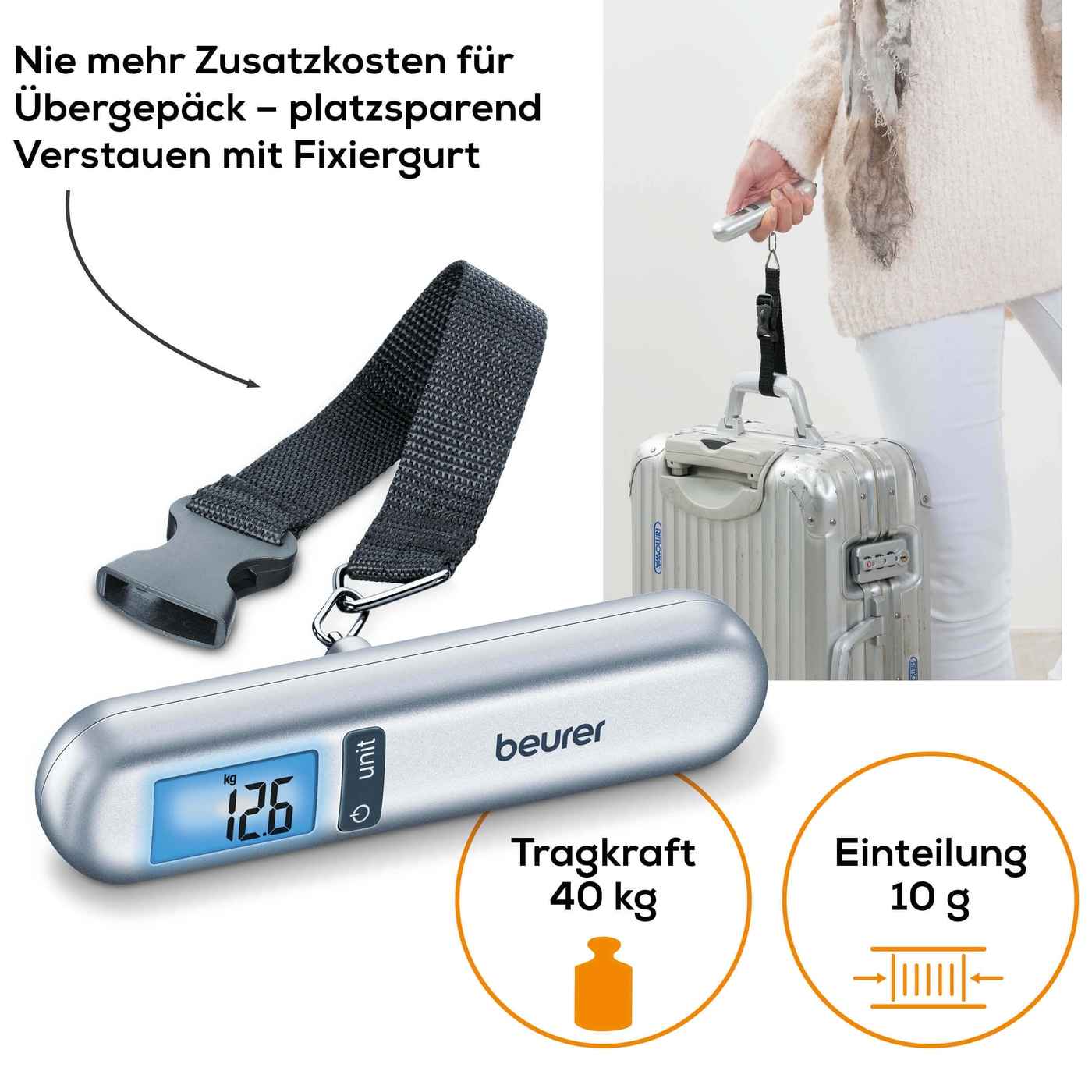 Beurer Kofferwaage - LS 06-Kofferwaage mit Hold-Funktion & praktischem Maßband - bis 40 kg