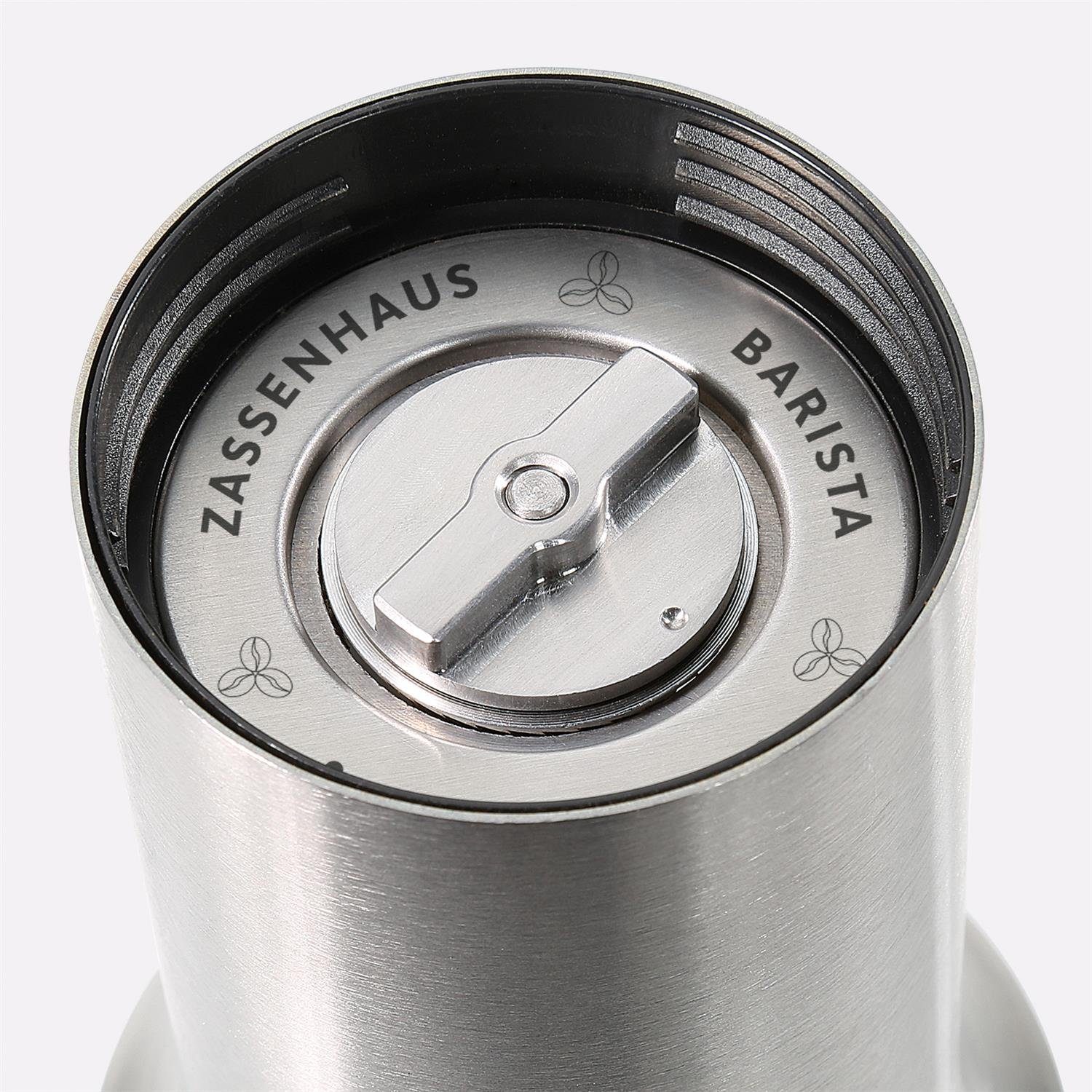 ZASSENHAUS Kaffeemühle Barista Edelstahl/Glas - Handmühle Espressomühle, 40 g Bohnenbehälter, Manuell