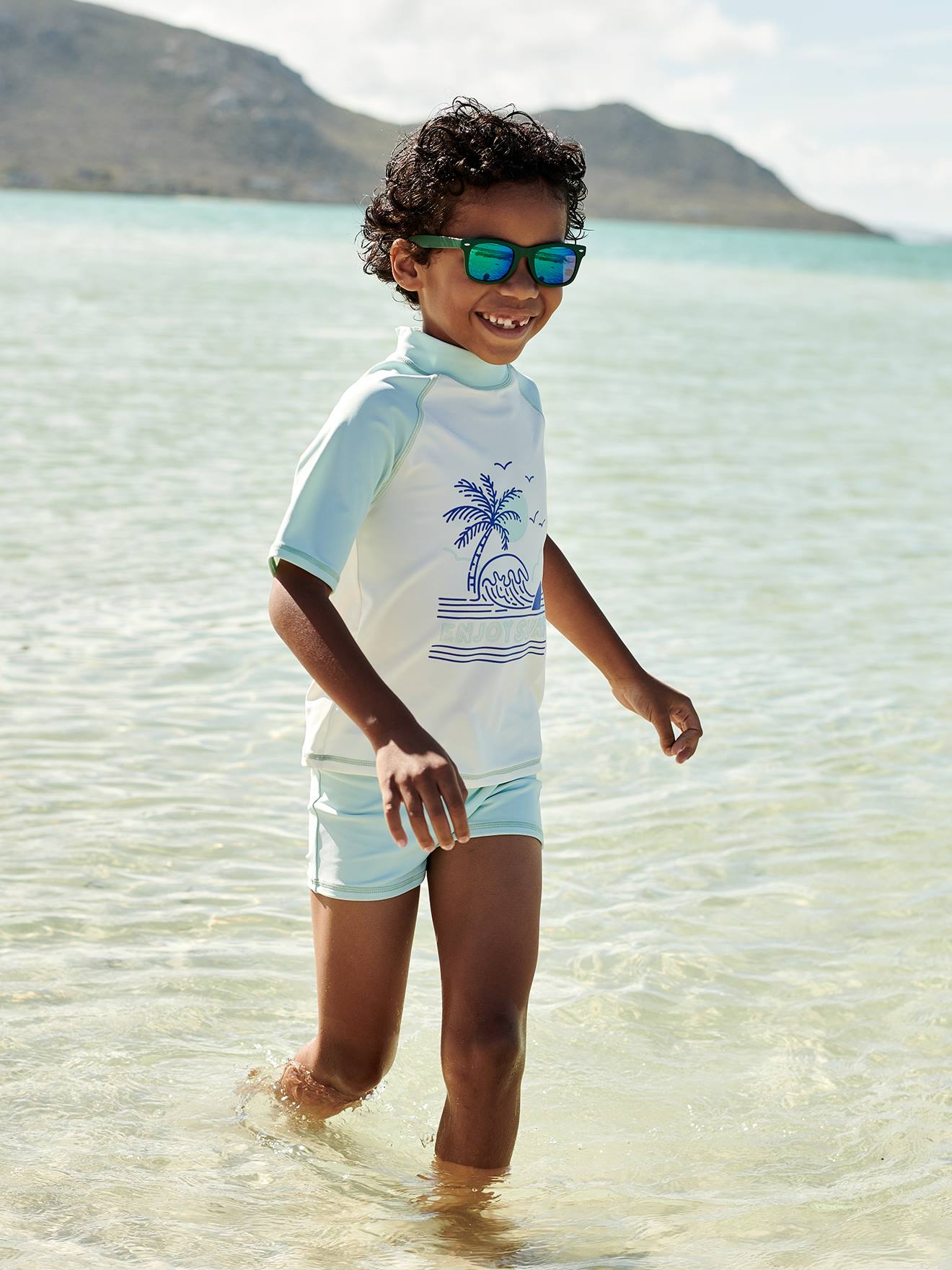 Ensemble de bain anti-UV garçon T-shirt + boxer vert d'eau