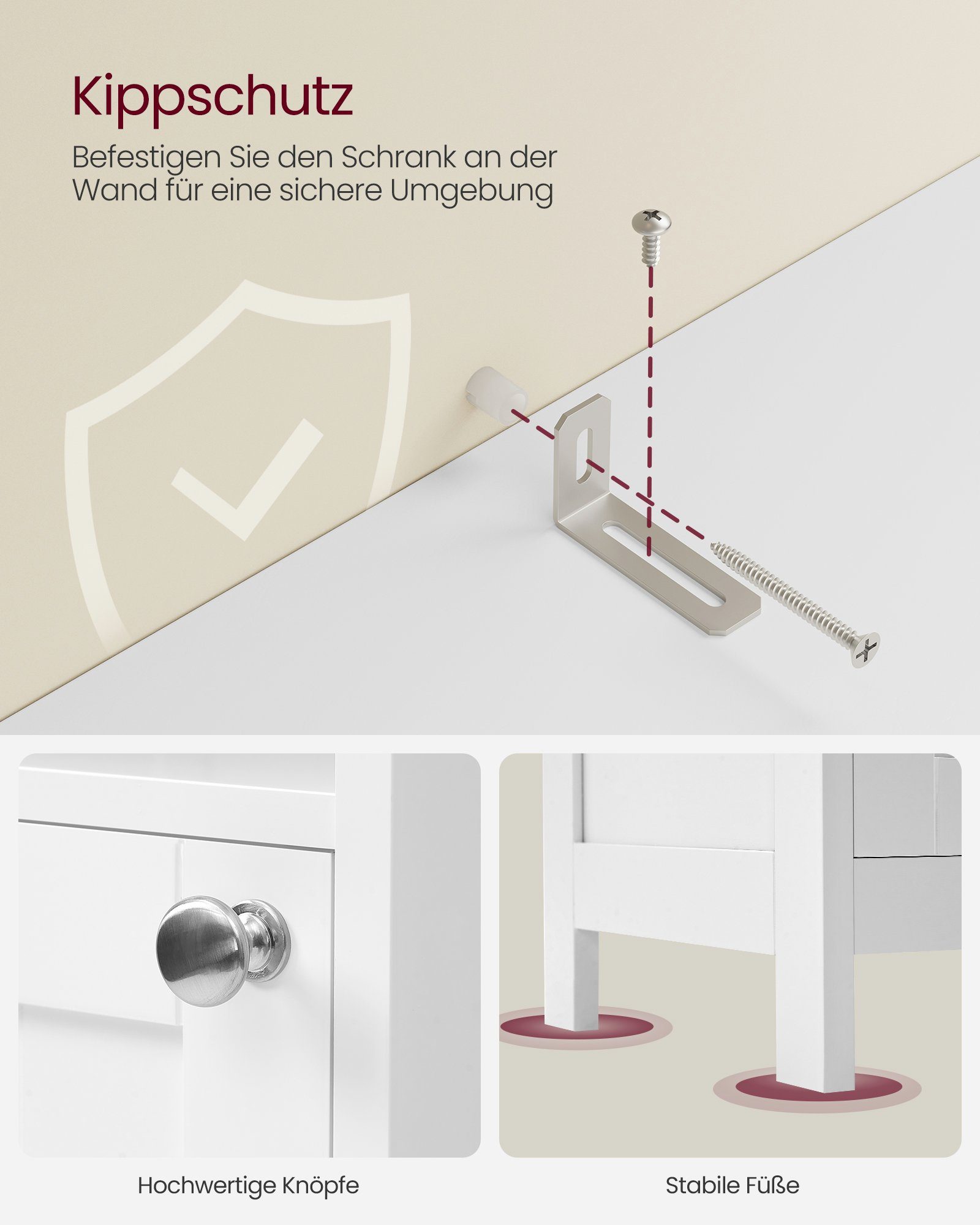 VASAGLE Badkommode, Badezimmerschrank mit Beleuchtung, verstellbaren Ablagen