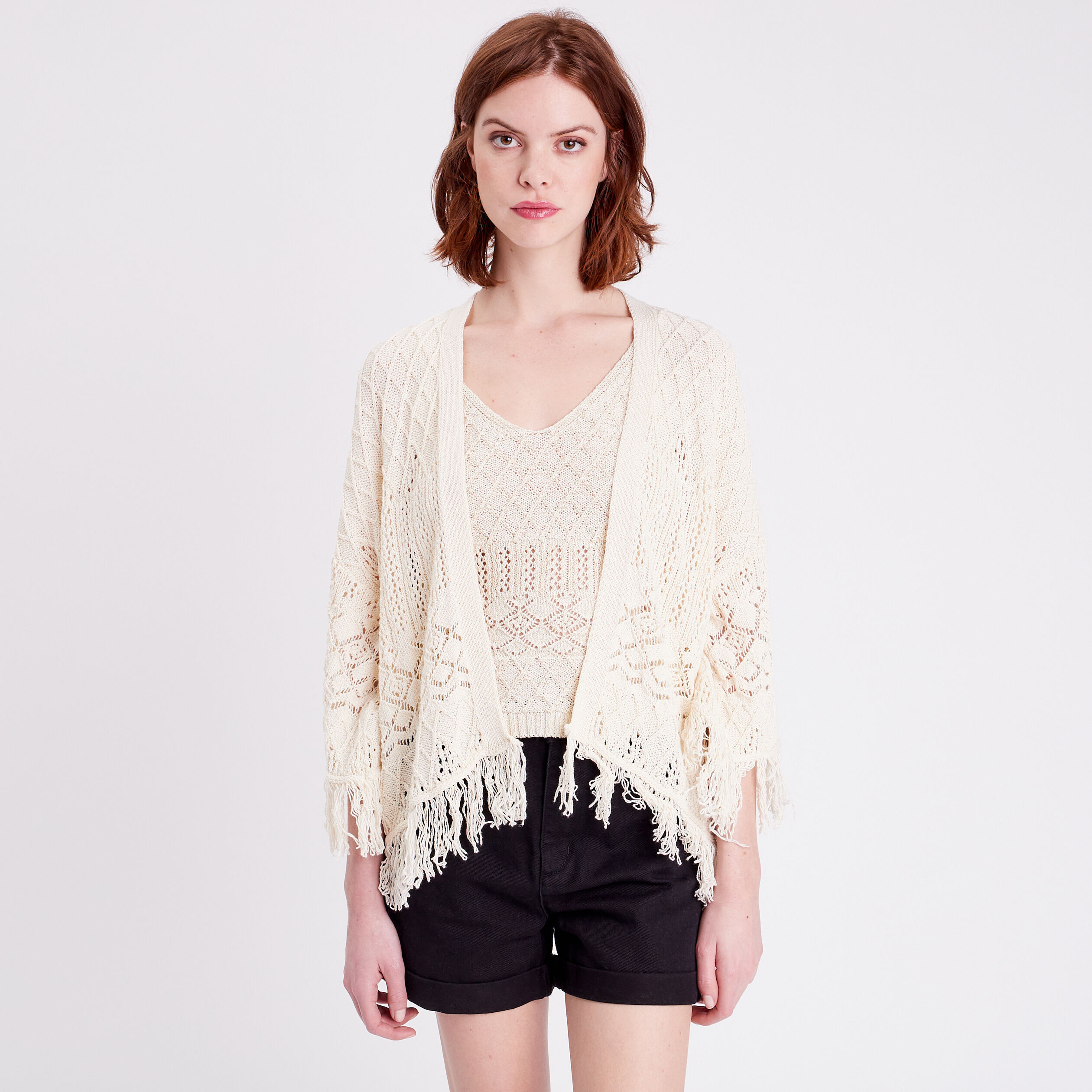 Gilet esprit kimono franges ecru femme | Cache Cache