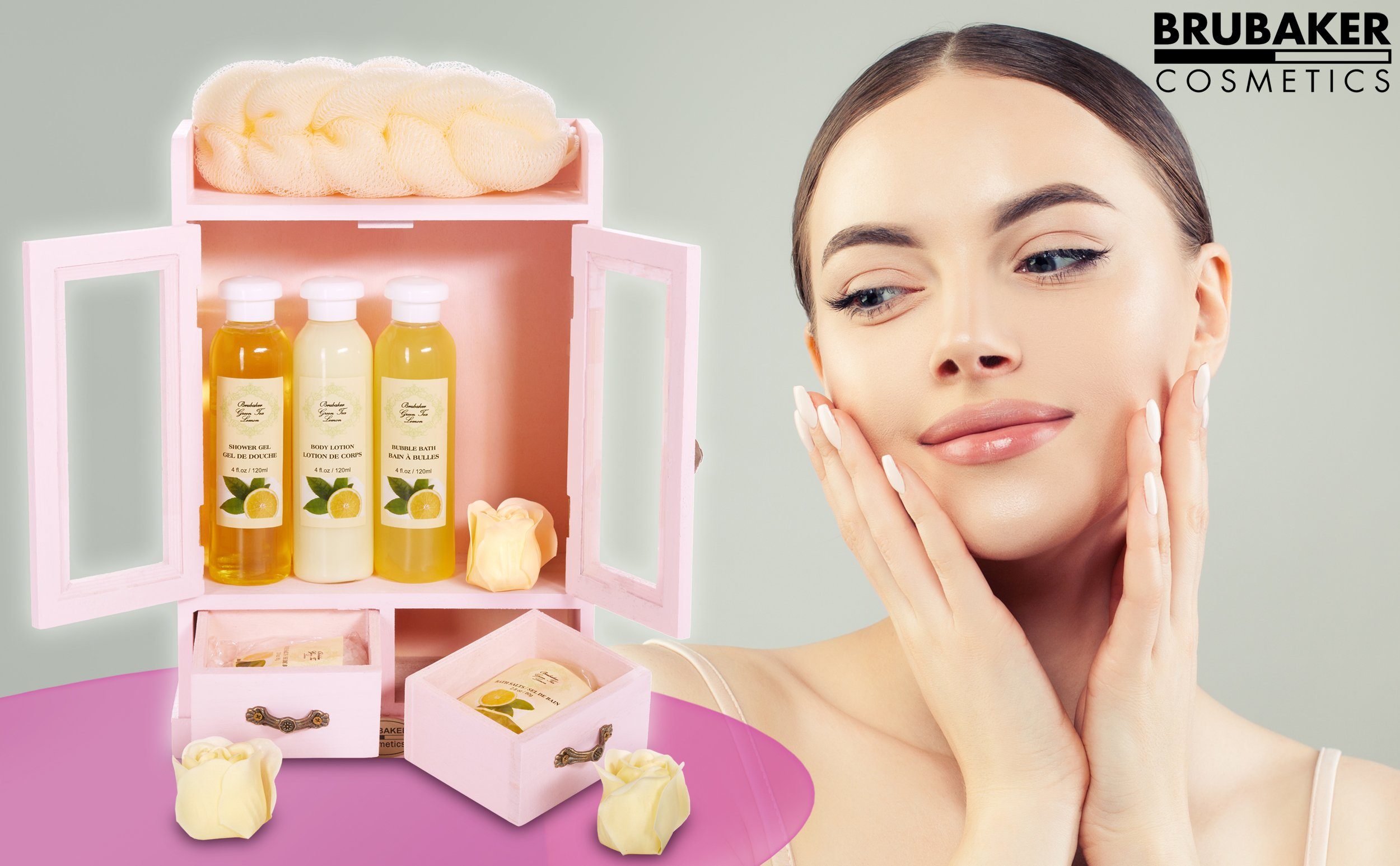 BRUBAKER Pflege-Geschenkset 2 in 1 Pflegeset Grüner Tee Lemon & Vanilla Rose Minze - Wellness Set, 15-tlg., Damen Dusch- und Badeset - Frauen Beauty Geschenkset mit Dekoration