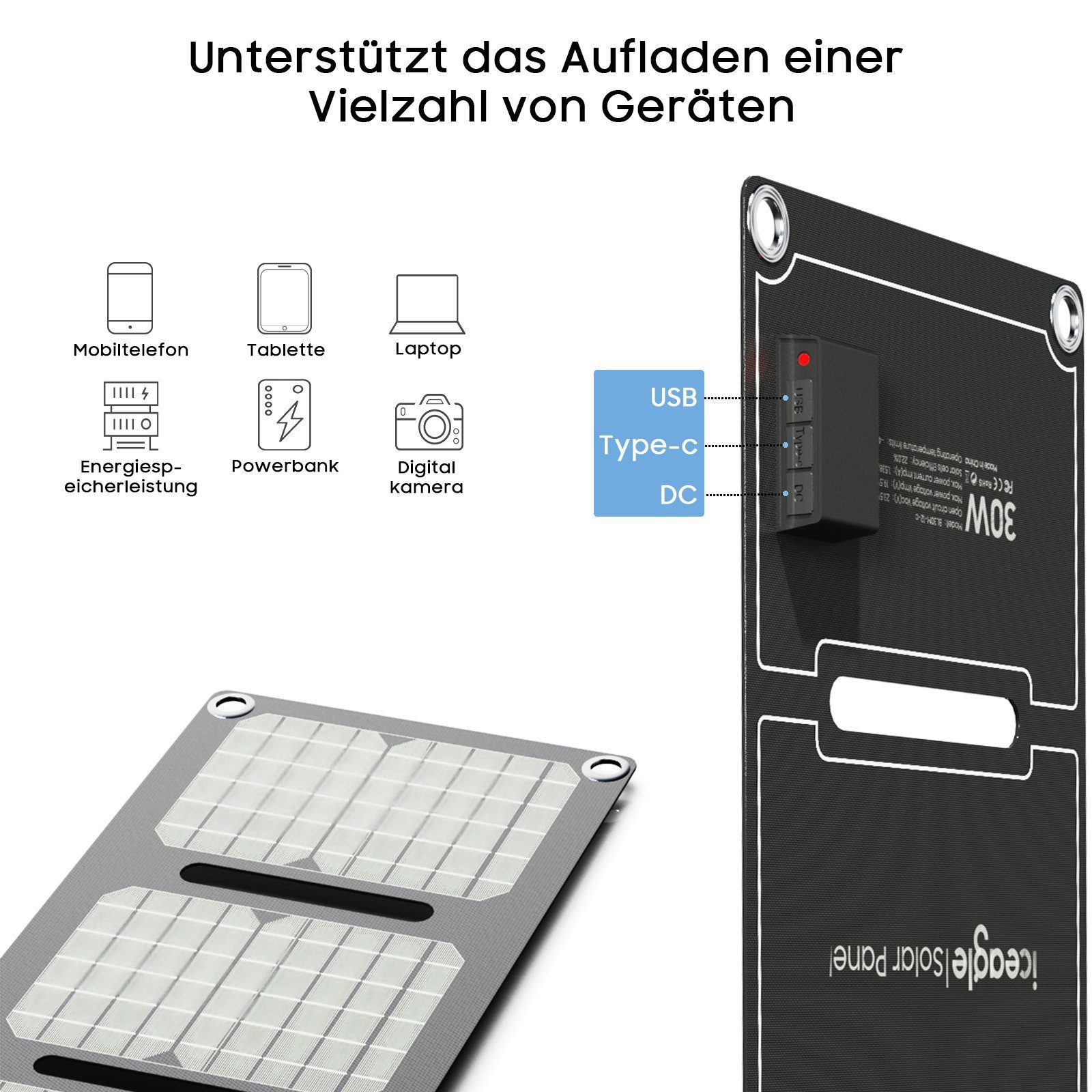 iceagle Solaranlage Solar Ladegerät 30W Faltbares Monokristalline Solarpanel