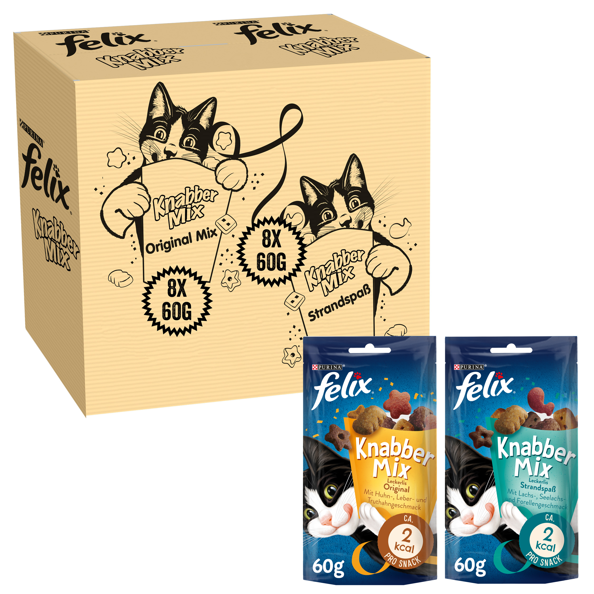 Felix Snacks Felix KnabberMix Original & Strandspaß Katzensnacks 2 x 8 Beutel à 60g