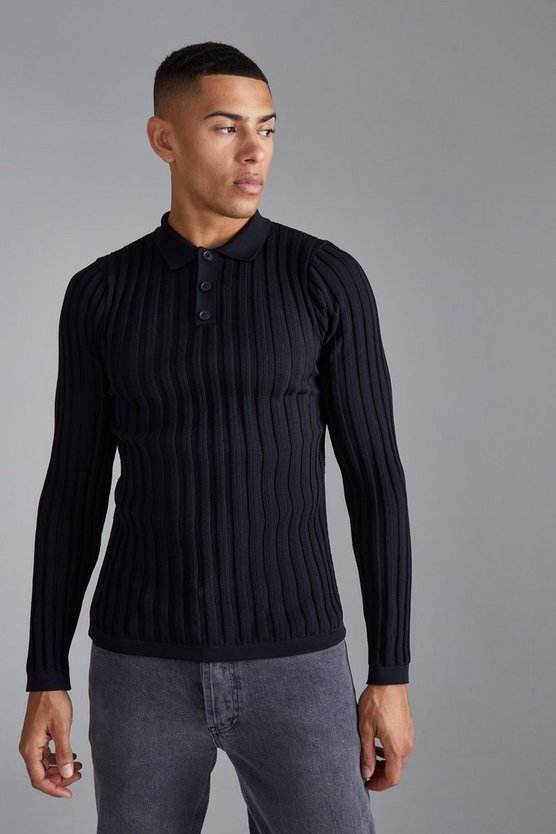 Langärmliges geripptes Muscle-Poloshirt