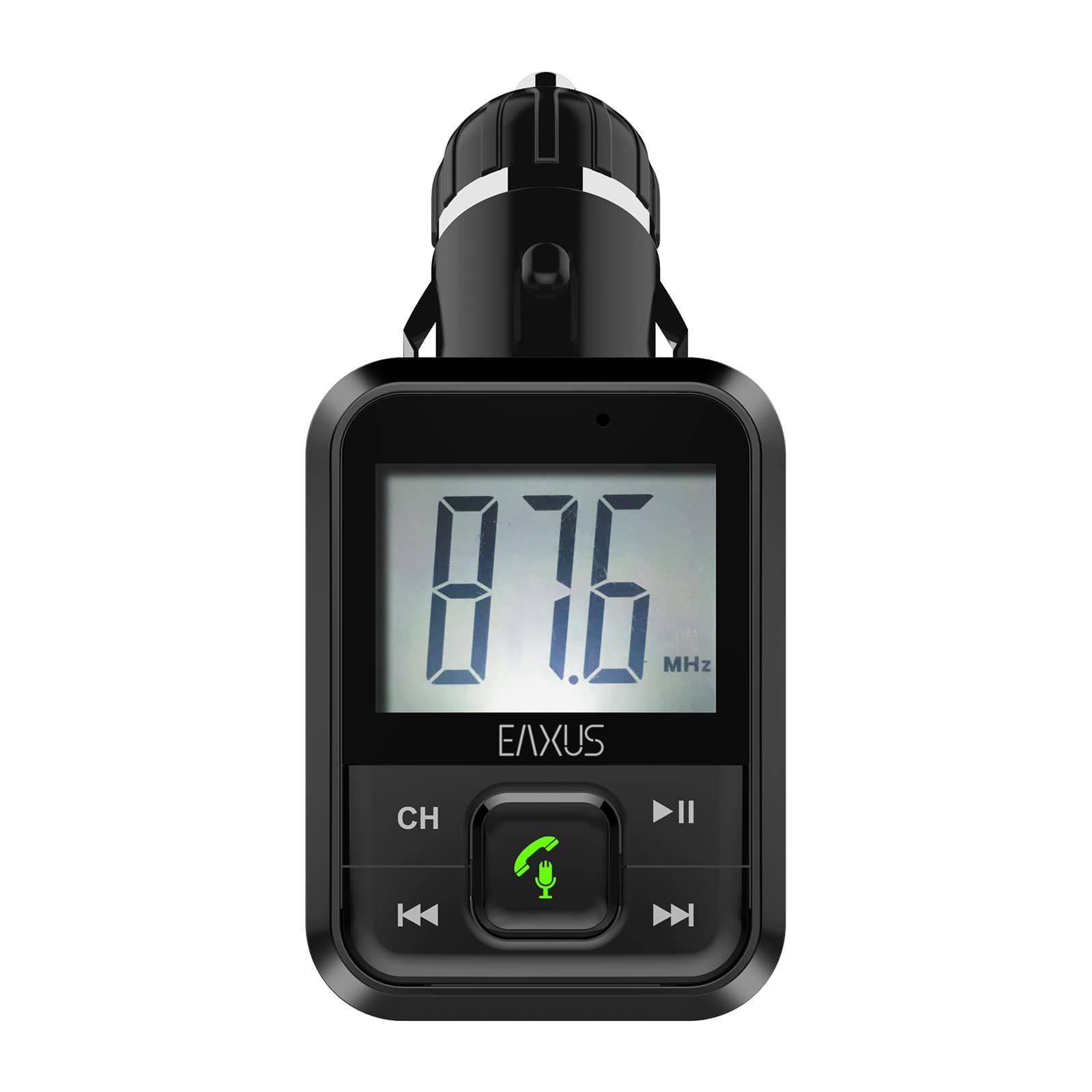 EAXUS Bluetooth FM-Transmitter für Autoradio KFZ-Transmitter Bluetooth, 3,5-mm-Klinke, microSD, USB-Sticks, Mit Freisprechfunktion und USB-Anschluss zum Laden