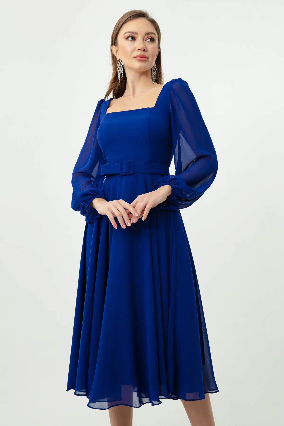 Lafaba  Saks Midi-Chiffon-Abendkleid mit quadratischem Kragen und Gürtel für Damen