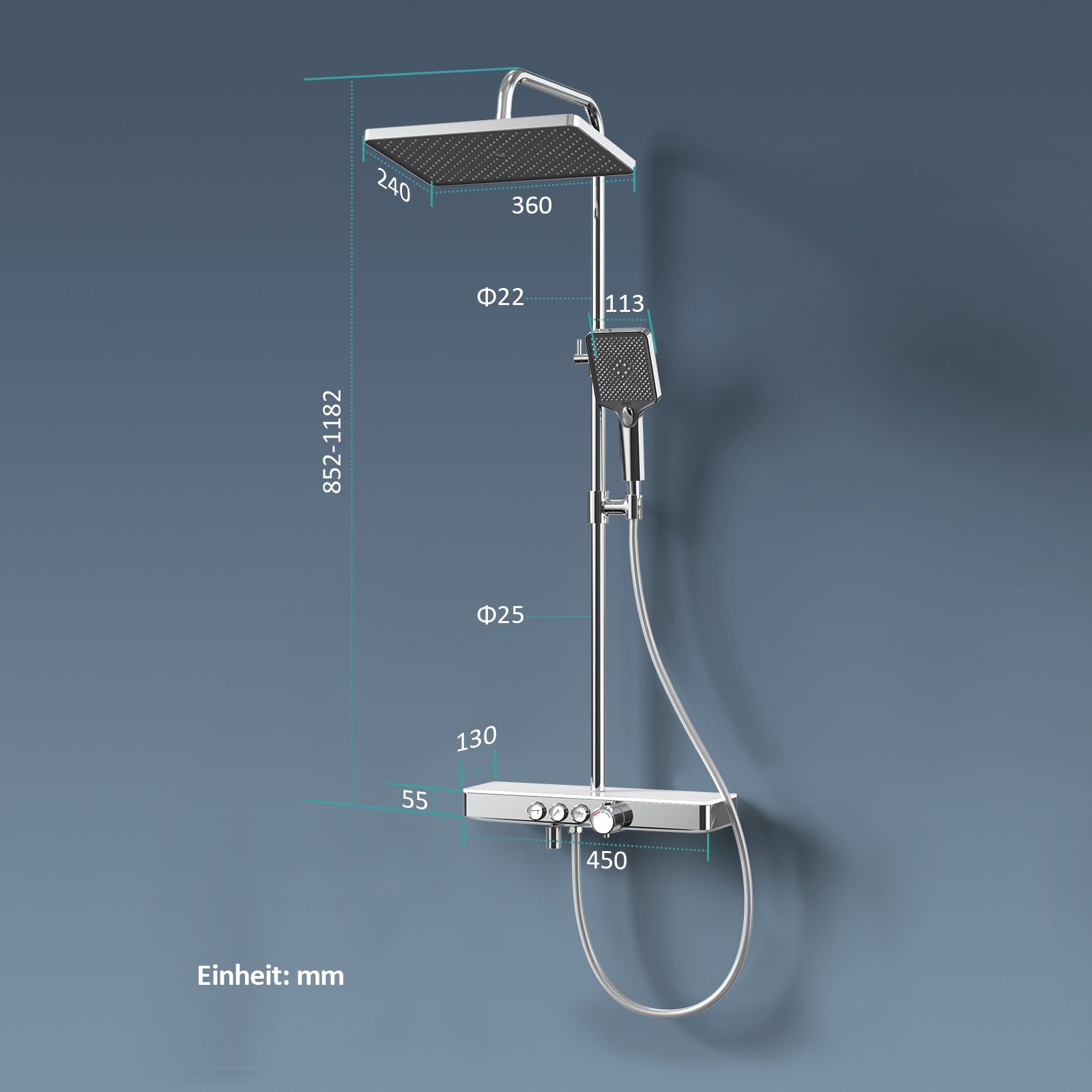 EMKE Duschsystem Duschsystem mit 38℃ Thermostat Glasablage Handbrause Regendusche, 3 Strahlart(en), Wasserauslass Verbrühungsschutz, Wandmontage, Duschamaturenset, Chrom
