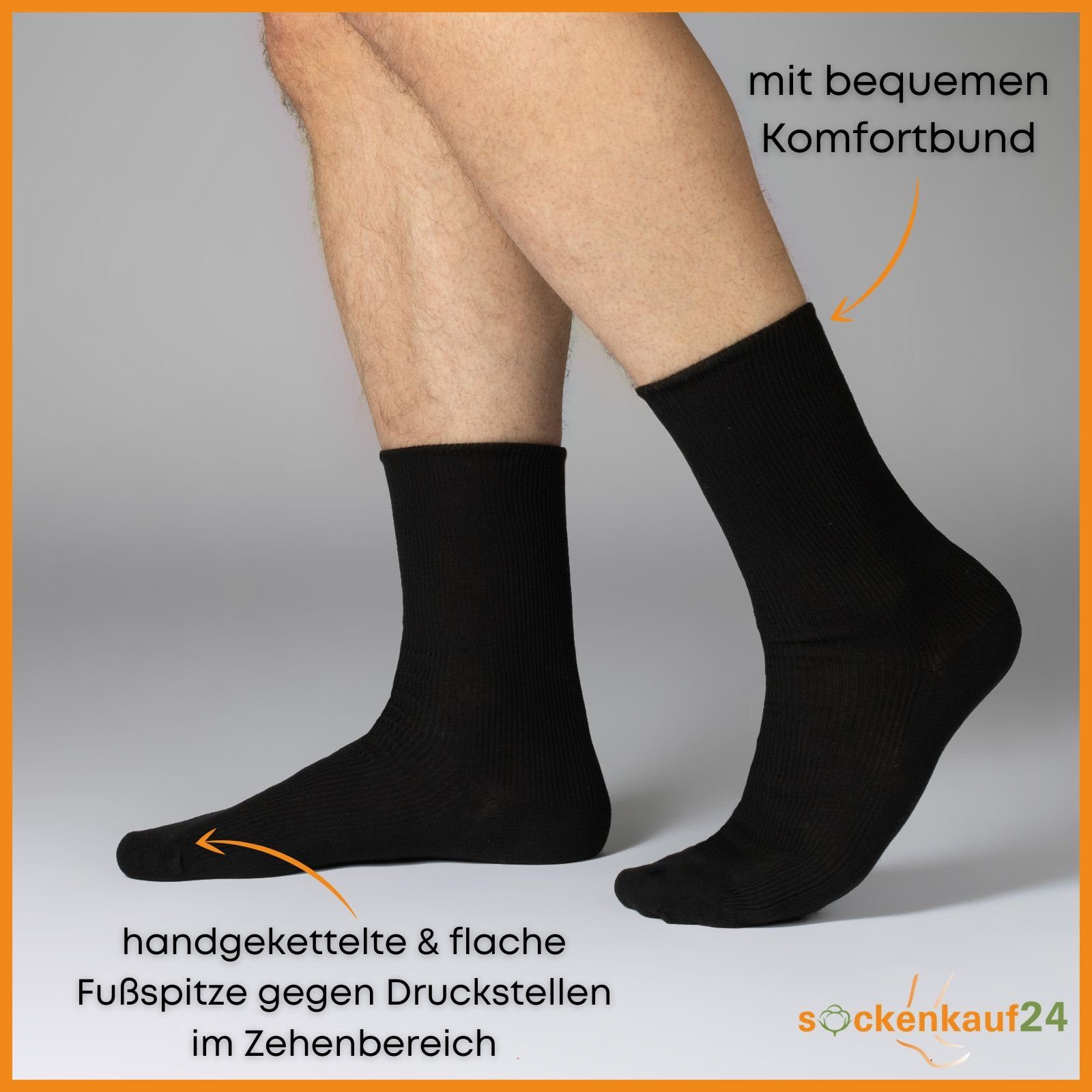 sockenkauf24 Diabetikersocken 12 Paar Damen & Herren Socken ohne Gummibund (Schwarz, 43-46) 100% Baumwolle 11000 WP