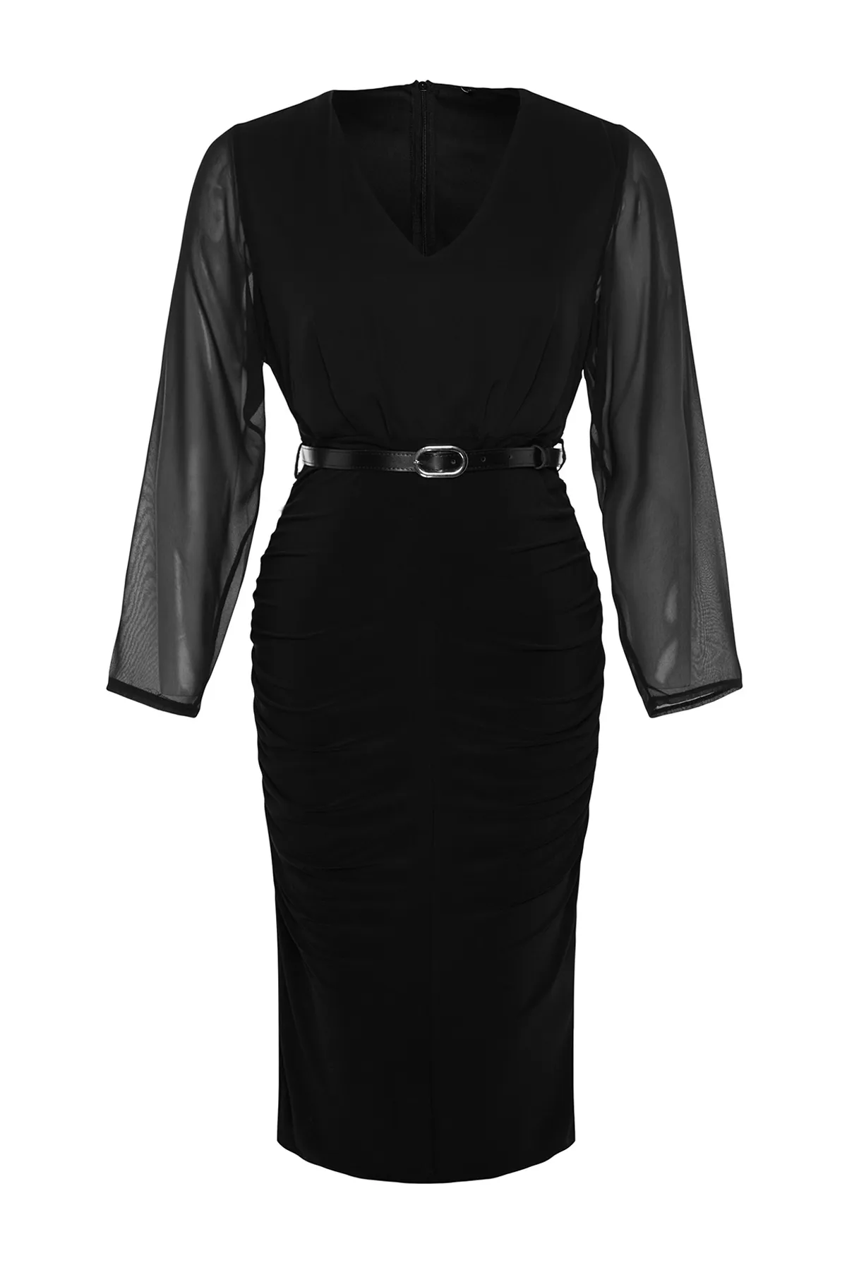 Trendyol Curve  Schwarzes, tailliertes Midikleid aus Webstoff mit Gürteldetail TBBAW24AH00057