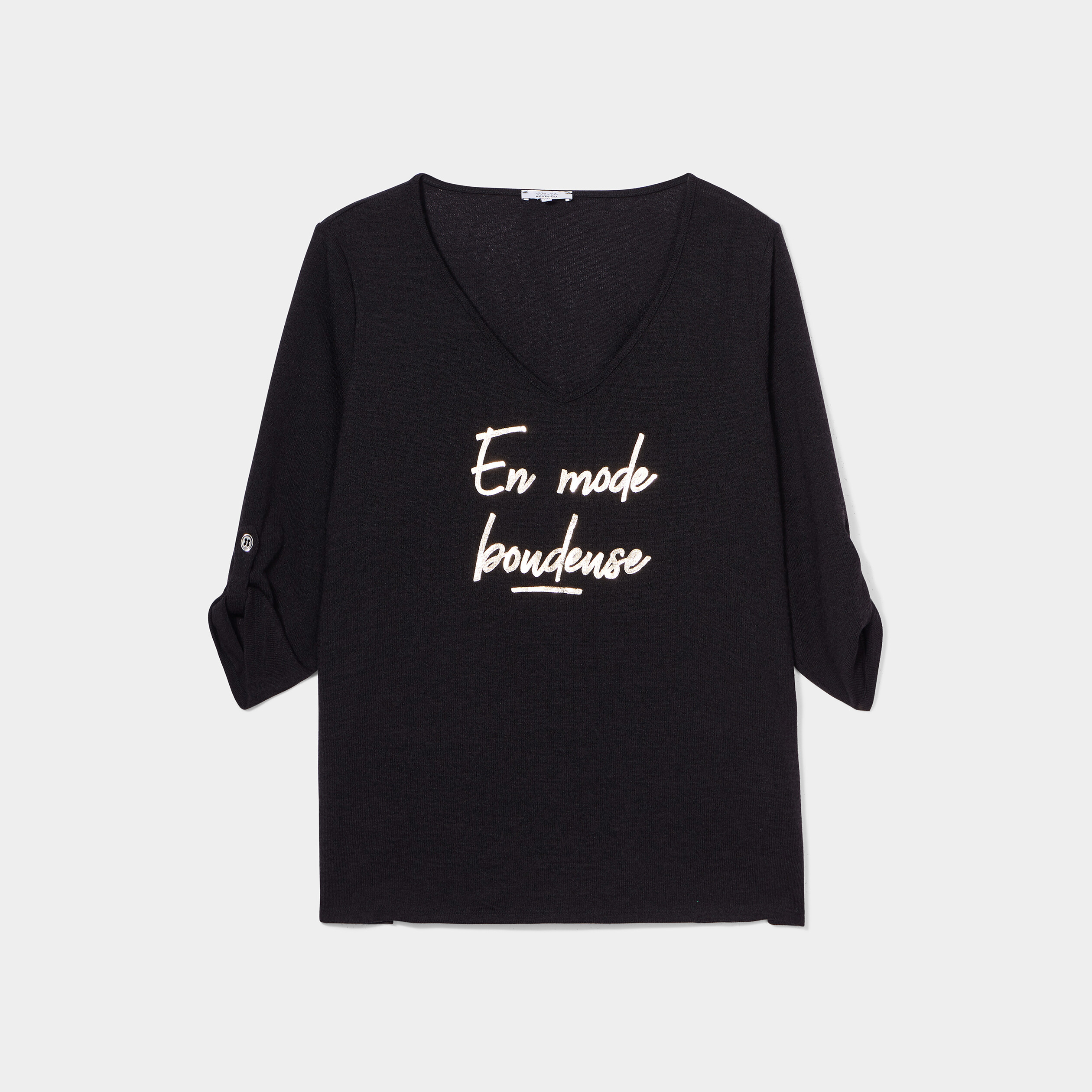 Pull col en V manches 3 4 noir femme grande taille | La Halle