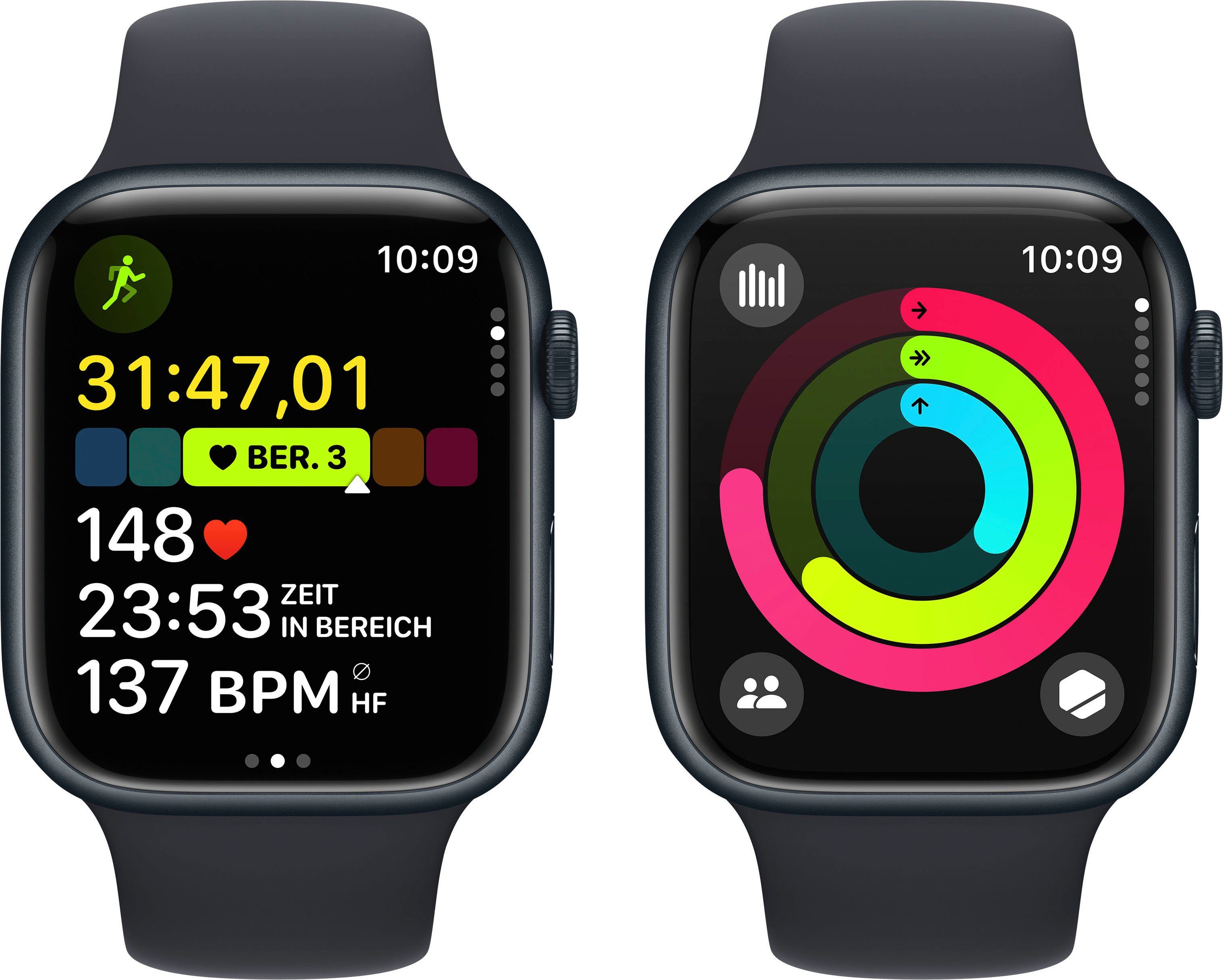 Apple Watch Series 9 GPS Aluminium 45mm S/M Smartwatch (4,5 cm/1,77 Zoll, Watch OS 10), Sport Band