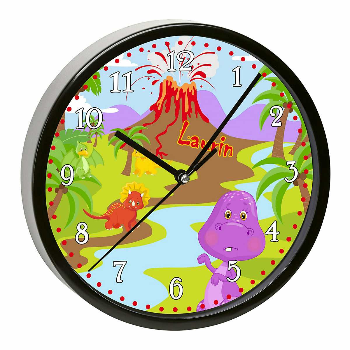 Kinder Wanduhr laufruhig personalisiert mit Name Dino