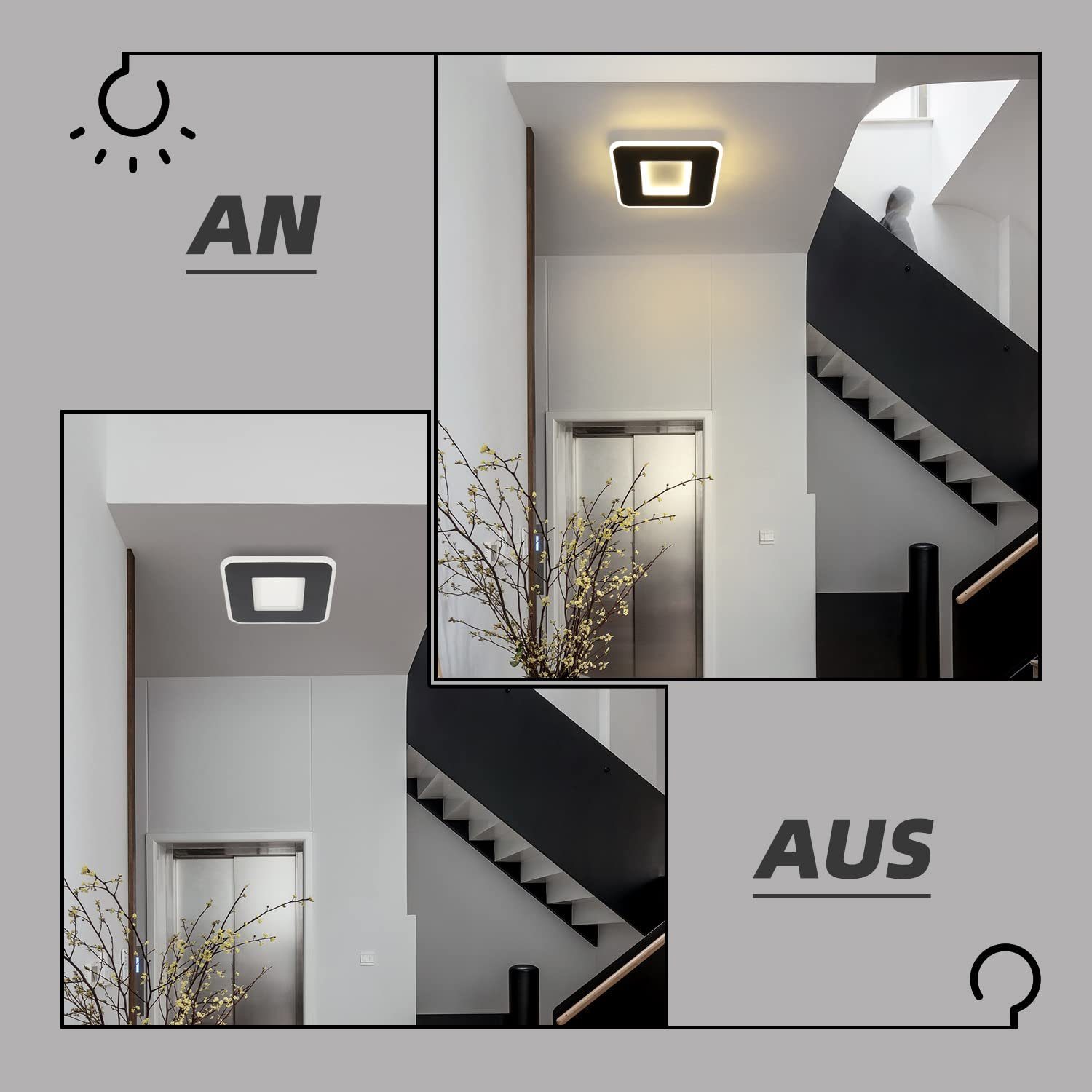 ZMH LED Deckenleuchte Deckenlampe Schwarz und Weiß Flurlampe 24cm Wohnzirmmer, nicht dimmbar, LED fest integriert, Warmweiß, 23W, Quadratisch
