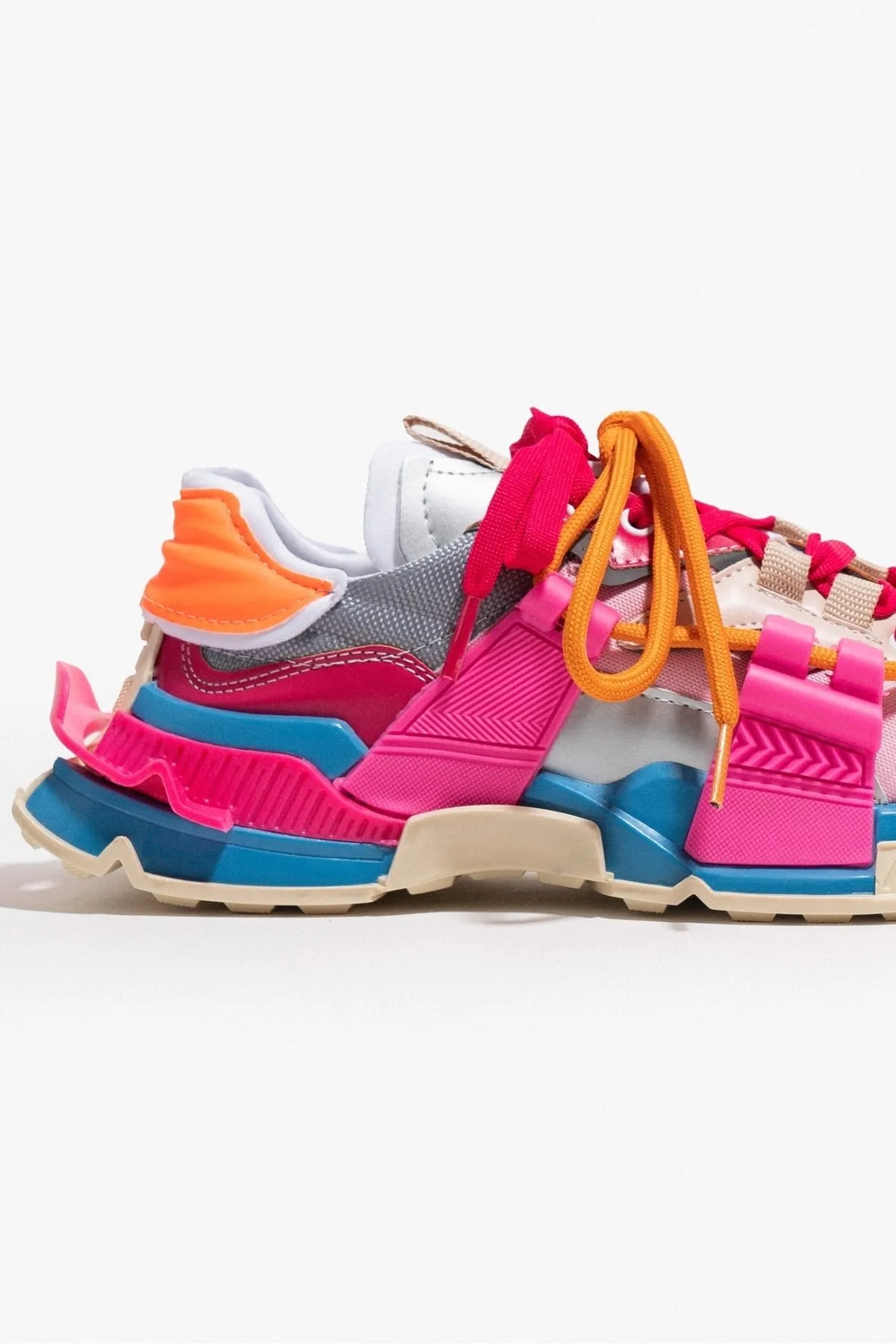 NİŞANTAŞI SHOES  Oslo Beige Blau Fuchsia Matte Spitze Detaillierte Damen-Sportschuhe mit dicker Sohle