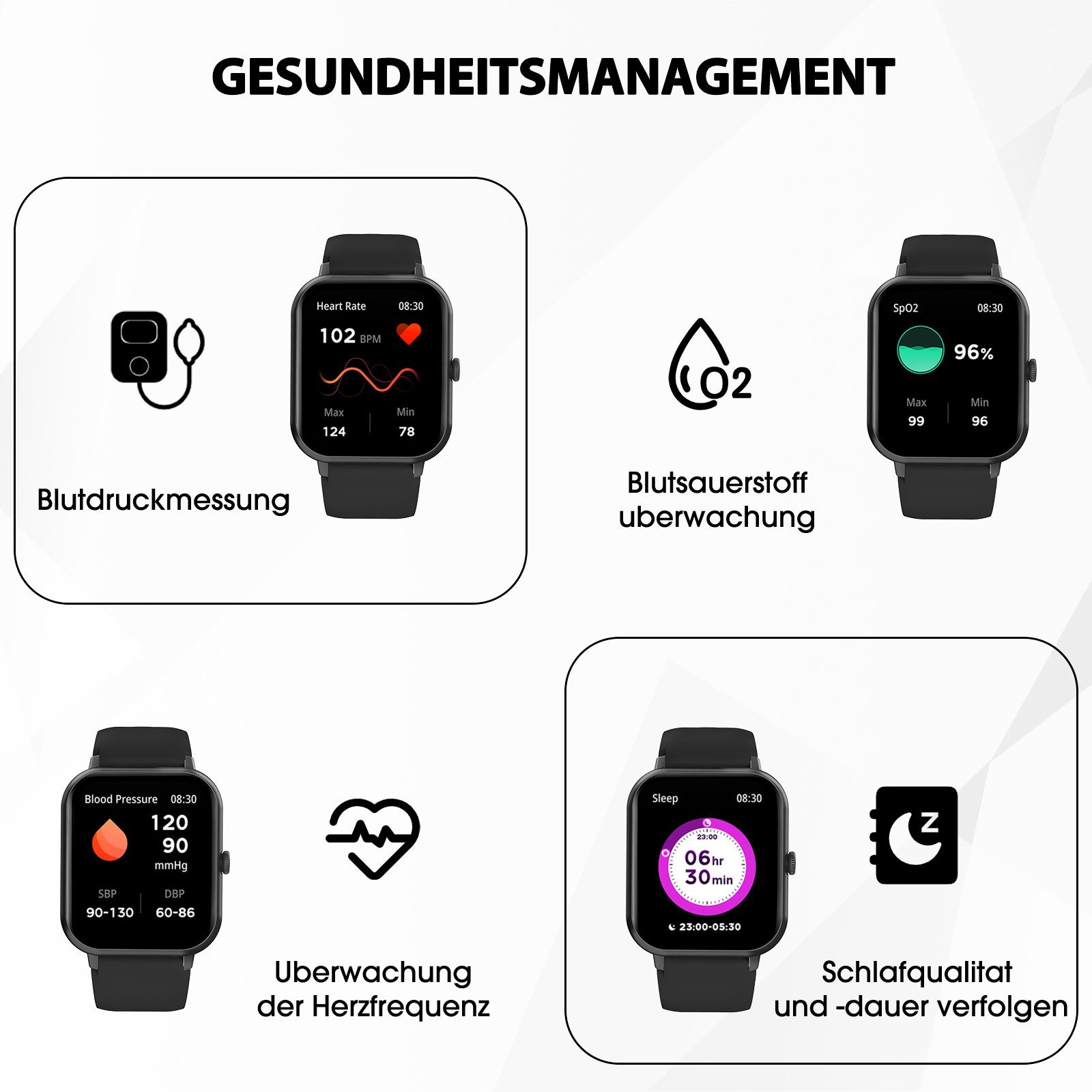 Yuede Smartwatch, Fitness Tracker uhr mit Anruffunktion für Damen und Herren Smartwatch (Quadratischer 1,85''-Voll-Touch-Farbdisplay Zoll Zoll) Gesundheits-Smartwatch mit Blutsauerstoff, Blutdruckmessung, Herzfrequenz, Schlafqualität, Schrittzähler,