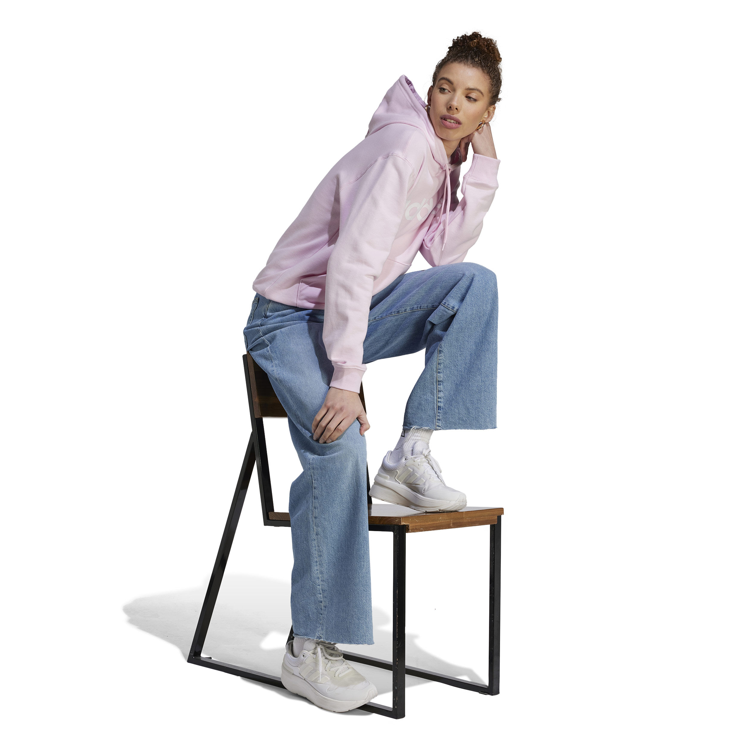 Linear French Terry Hoody Damen - Rosa, Weiß